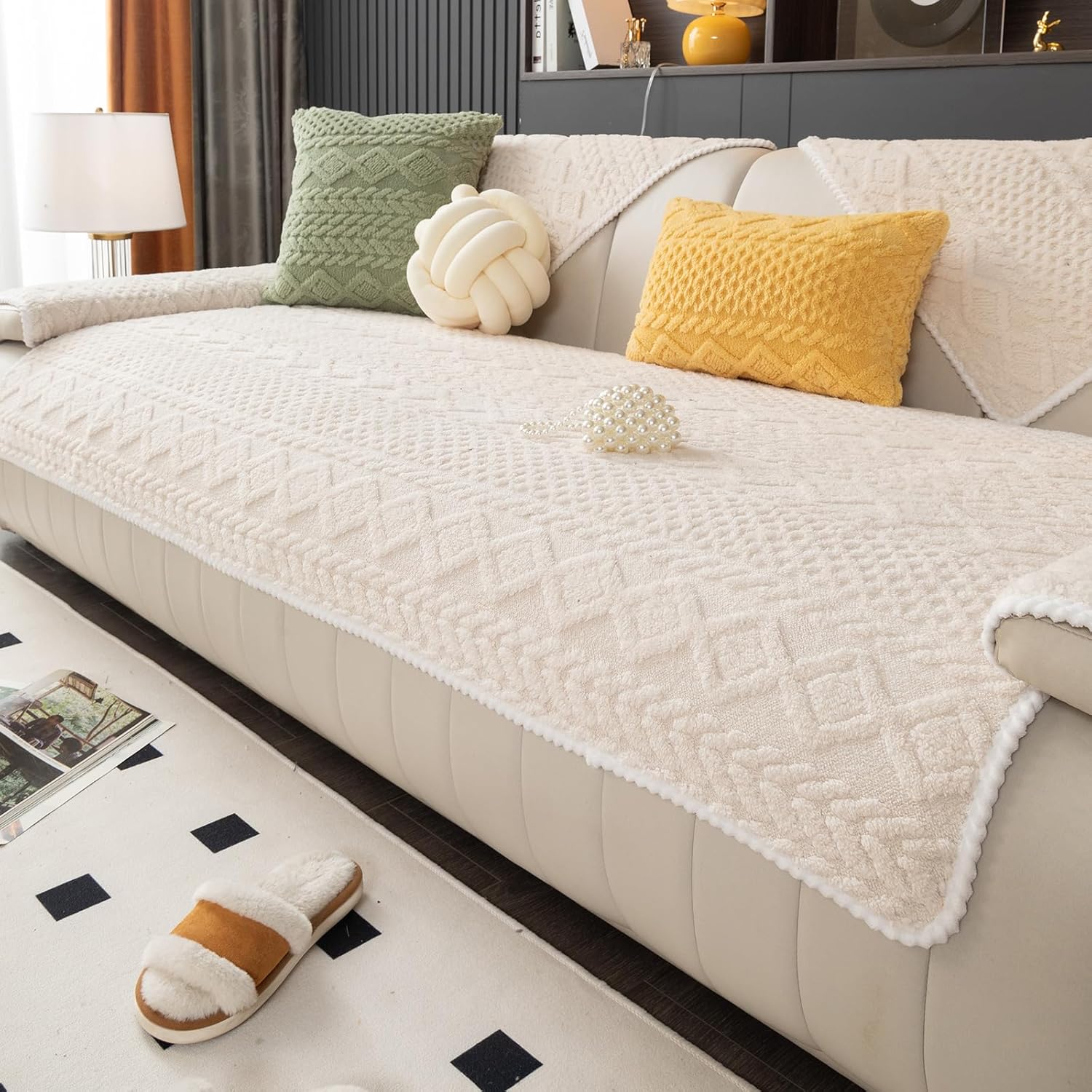 Geometric Jacquard Plush Warm Sofa Couch Cover, Soft Funny Fuzzy Couch Covers, Non Slip Sectional Sofa Slipcover, Cozy Washable Furniture Protector for Kids, Pets (Beige White, 36″x 94″) Geometric Jacquard Plush Warm Sofa Couch Cover, Soft Funny Fuzzy Couch Covers, Non Slip Sectional Sofa Slipcover, Cozy Washable Furniture Protector for Kids, Pets (Beige White, 36″x 94″)