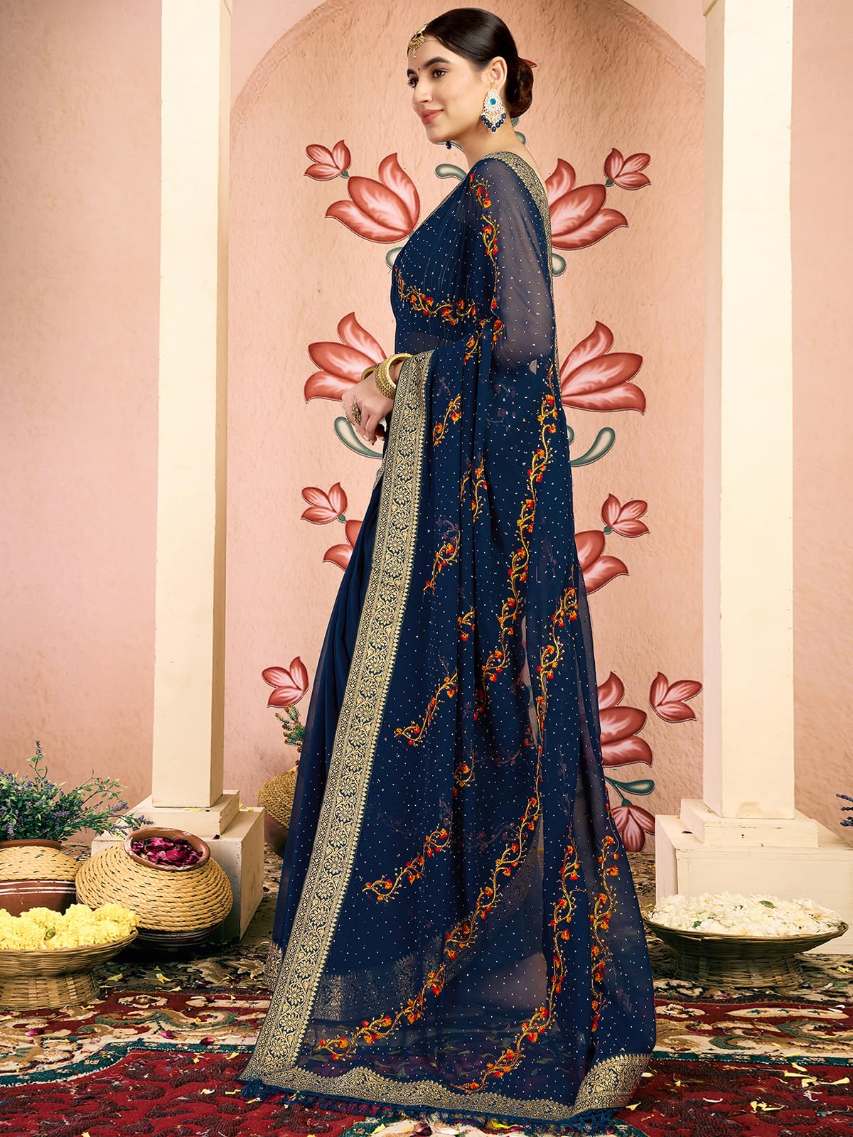 Satrani Women's Georgette Embroidery & Stone Work Saree With Unstitched Blouse Piece (4065S2827N_Rama Blue)