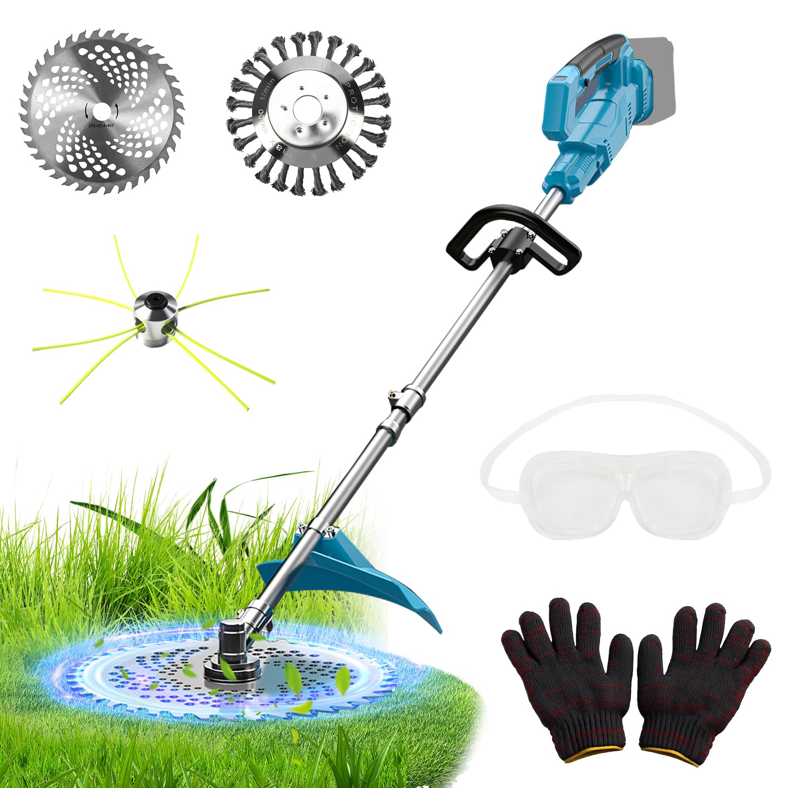 Desbrozadora de Bordes a batería 10 Pulgadas para Makita 18V (sin Batería) | 1200W, Cortabordes eléctrico, sin escobillas, Plegable, Indicador de Batería, Cepillo de Acero, Cuchillo de 3 Puntas e Hilo