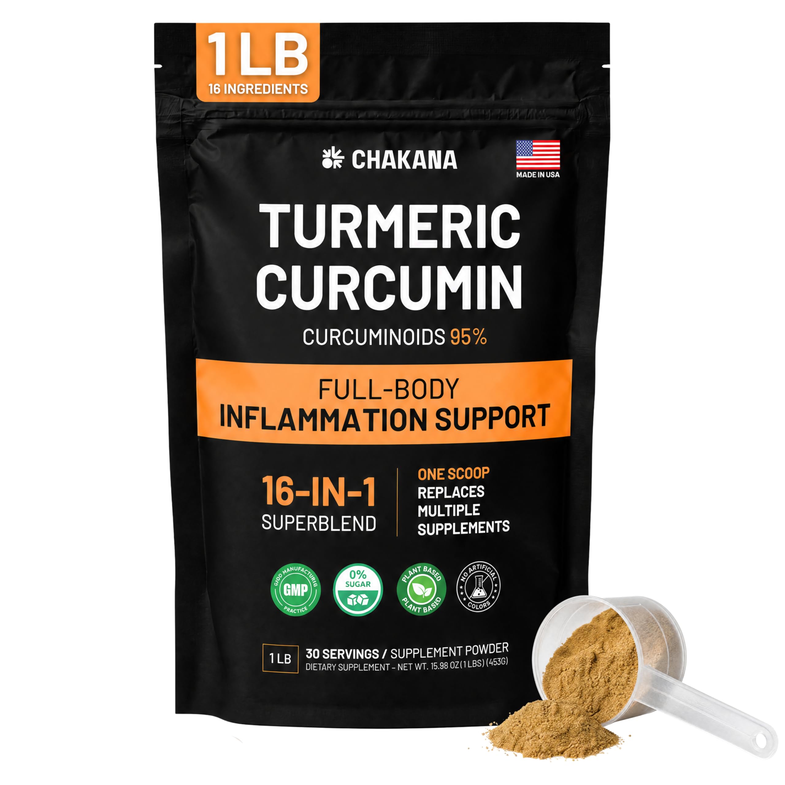 Turmeric Curcumin Supplement Powder for Inflammation Support - 16-in-1 with Ginger, Boswellia & More Replaces Multiple Supplements Joint Comfort, Mobility & Gut Health 1 lb (30 Servings)