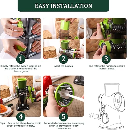 Miniatura 4 de HANSGO Rallador rotativo de queso, triturador de queso, mango que ahorra trabajo, base de succión fuerte, 3 cuchillas intercambiables para quesos