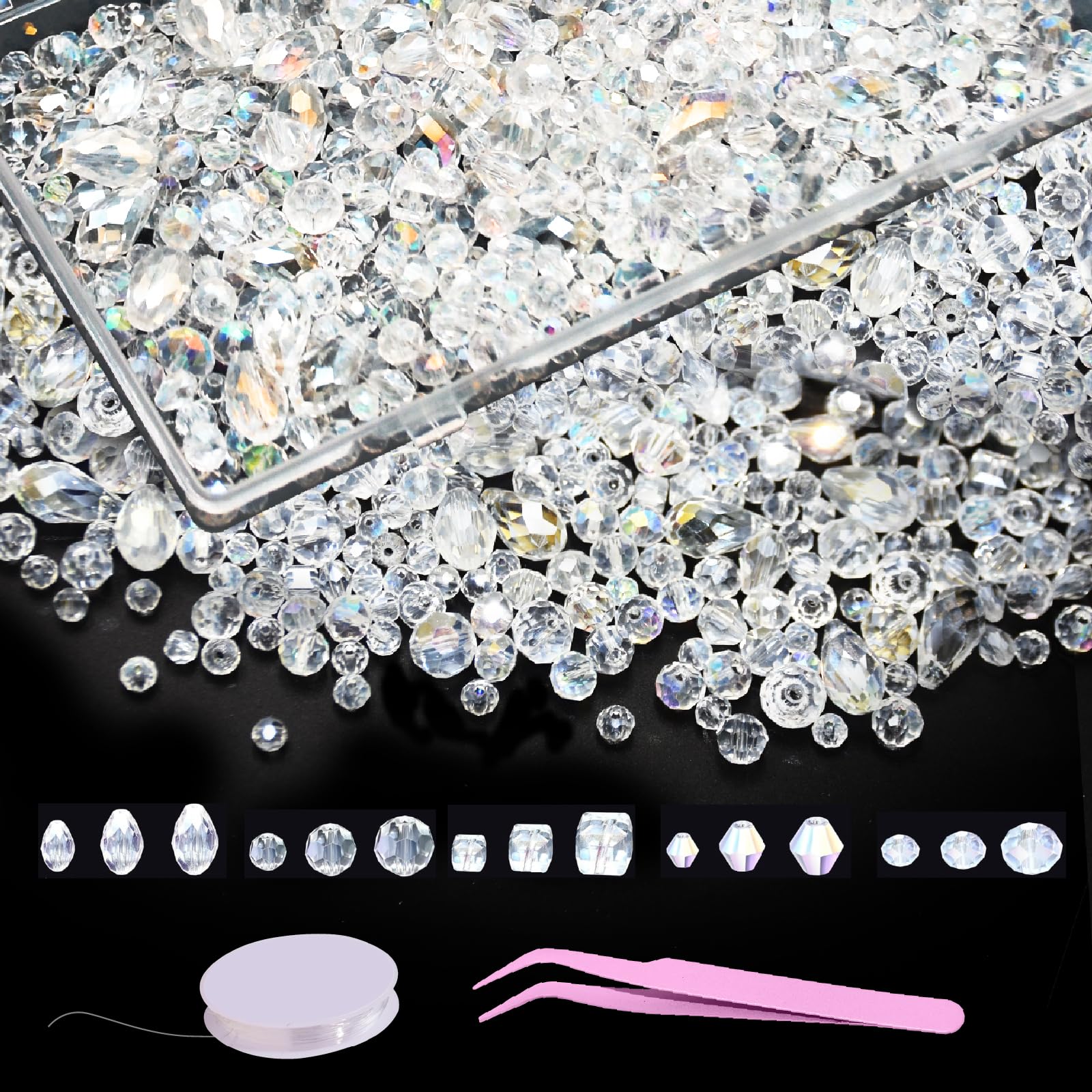 LXBCTOP 800 PCS Glass Beads, 4/6/8mm Faceted Crystal Bead, 5 Shapes Mixed Glass Beads for Crafting with Storage Box, Crystal Bead for Jewellery Making for DIY Necklace Bracelet Earring