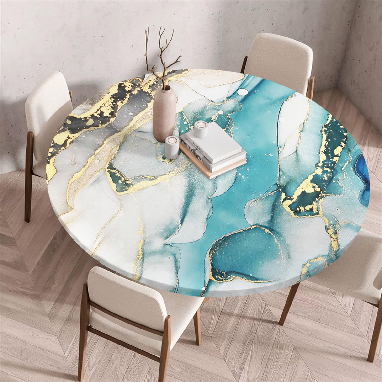Treer Round Tablecloth, Modern Marble Print Wipeable Round Table Cloth, Washable Table Protector, Elastic Edged Fitted Backed Table Cover for Dinning Room Kitchen Picnic Party (Aqua,60cm)