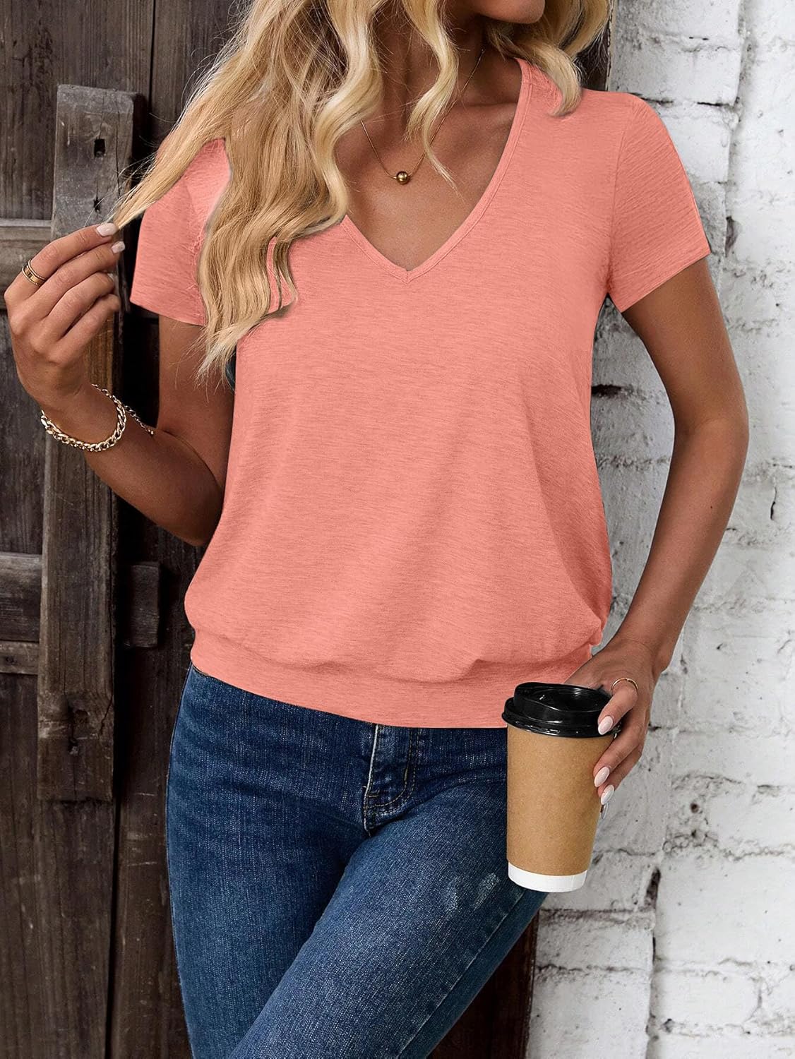 Short Sleeve Women T Shirts V Neck Tops Fashion Banded Bottom Tops Summer Spring Outfits Beach Vacation Clothes 2026 - Image 5