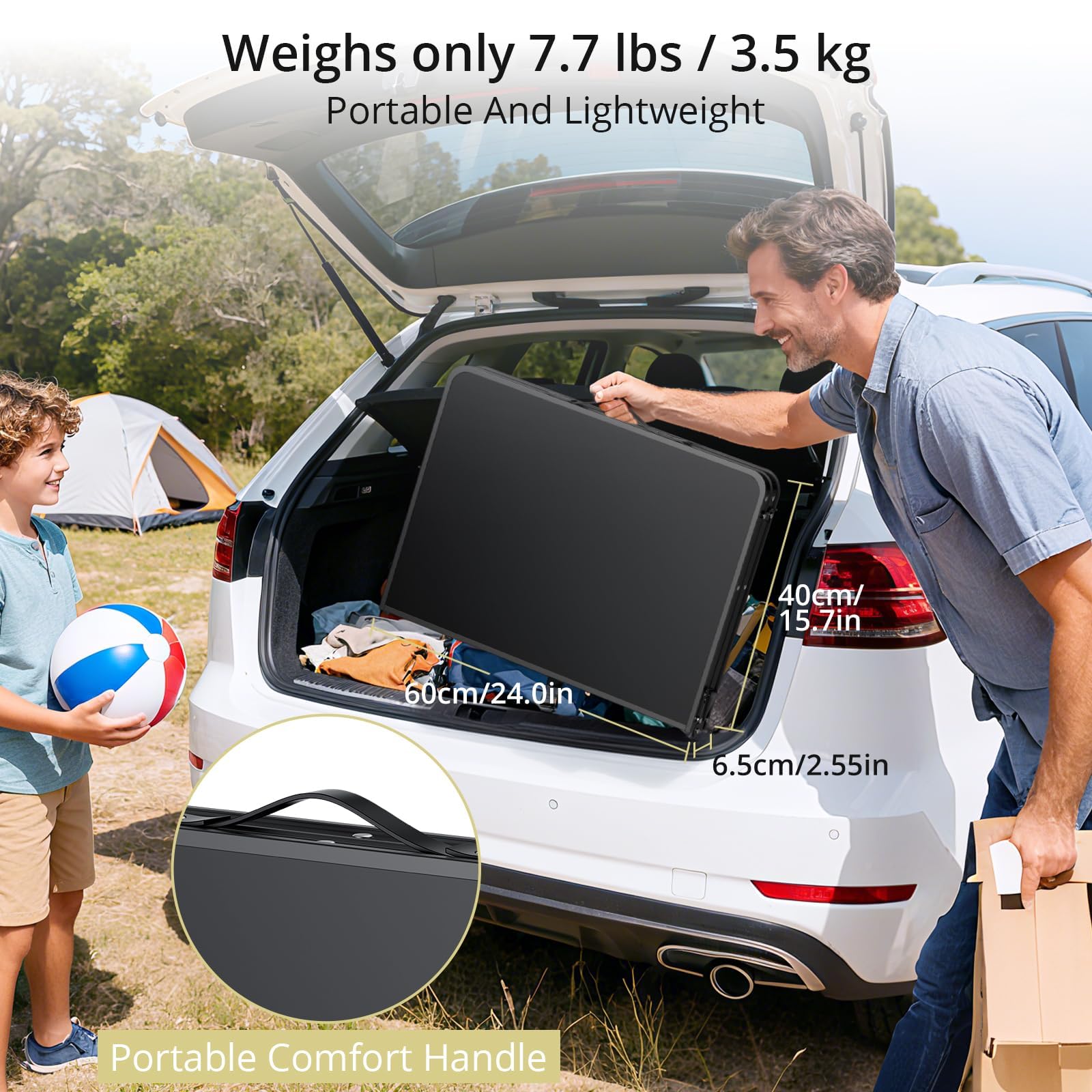 Anbte Campingtisch Klappbar 90x60x74.7cm(LxBxH) Aluminium Rahmen mit 2 Höhen Verstellbar Koffertisch 30kg Tragkraft mit Aufbewahrungsnetz Tragbar Picknicktisch für Camping Strand Balkon (Schwarz)