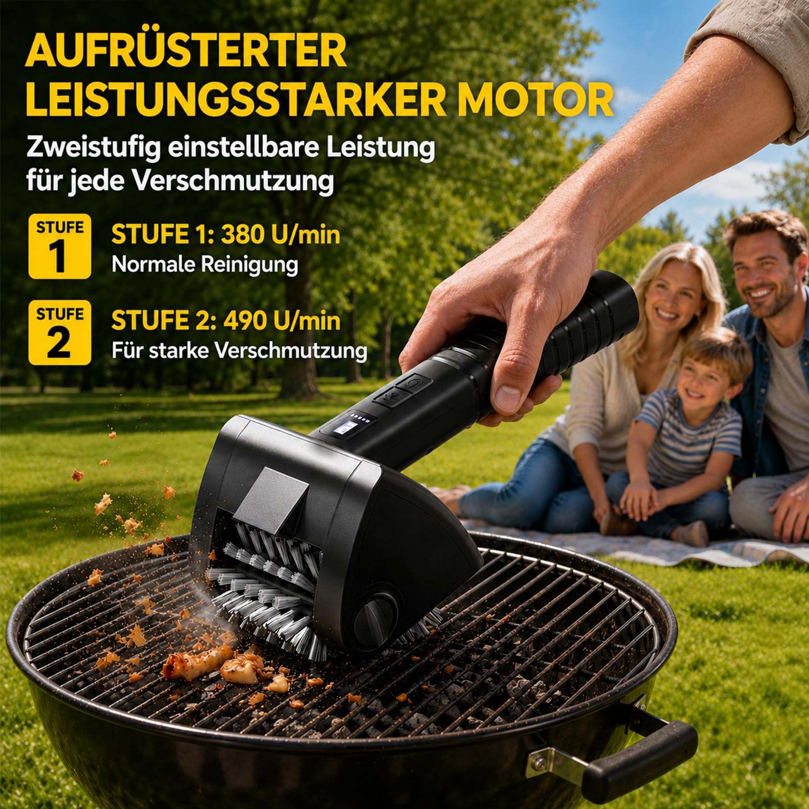 KINGLEAD Elektrische Grillbürste Kabellose BBQ Reinigungsbürste 4000 mAh | 2 Geschwindigkeiten, Edelstahl 304 Bürstenkopf, LED Licht, Schaber & Handschuhe für einfache Grillreinigung