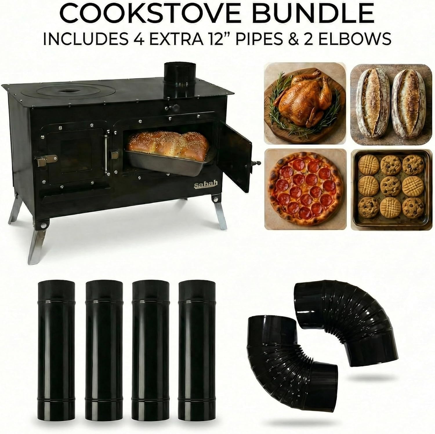 Trailblazer Cookstove – Wood Stove with Oven for Off-Grid Living, Camping, RV, Hunting, Tiny Homes, Prepping, Emergency Heat & Cooking (Trailblazer Cookstove w/4 Straight Pipe + 2 Elbow Expansion Set)