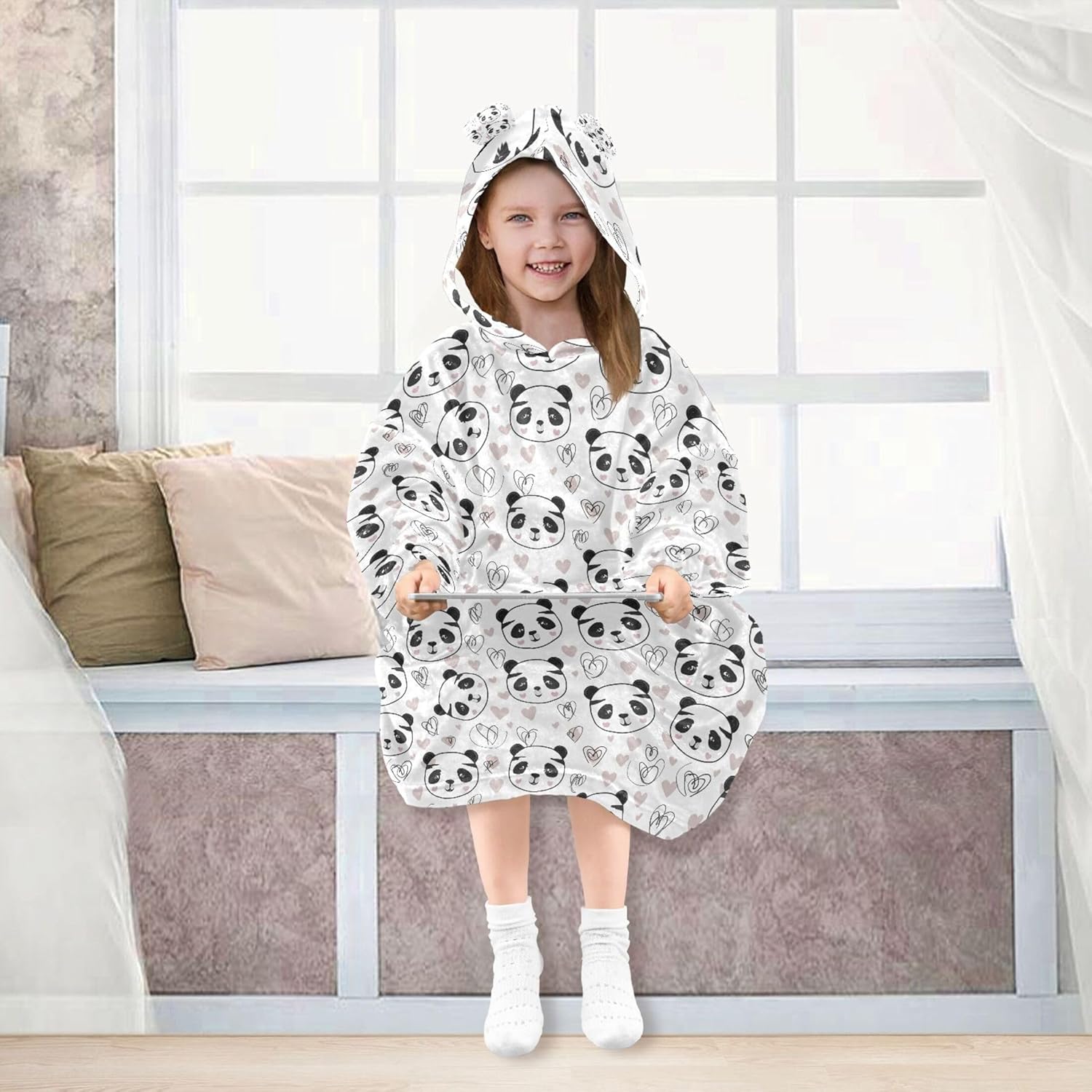 Cute Panda Kids Wearable Blanket Hoodie with Pocket and Sleeves for Toddlers, Cute Hoodies Girls Boys B0404185