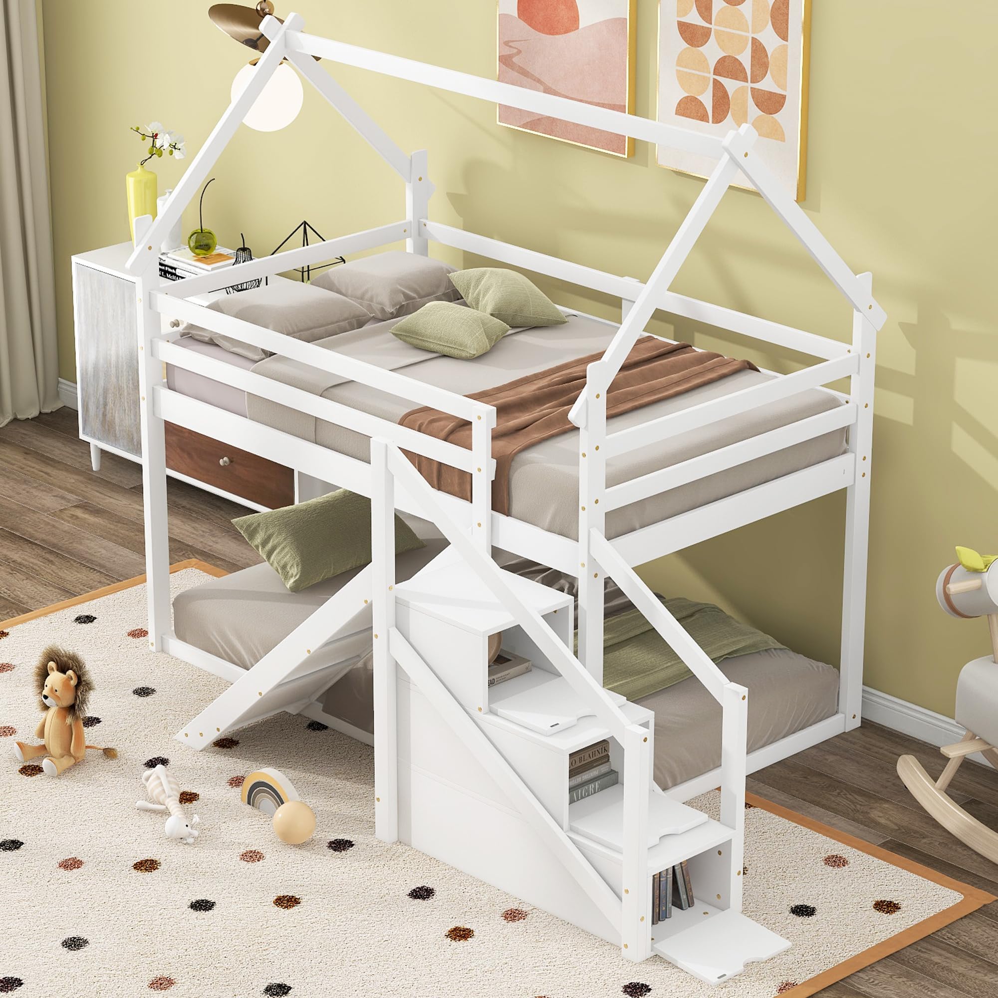 Wekuku White Twin Over Twin House Loft Bunk Bed with Slide Staircase – Fun Space Saving Kids Bedroom for Boys Girls