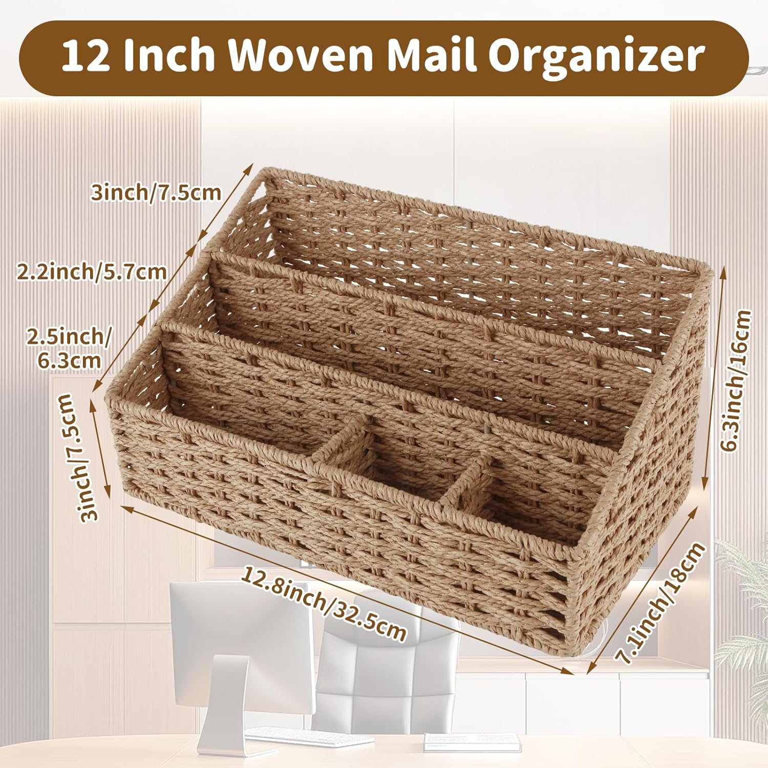 12.8x7.1x6.3 Inch Mail Organizer Countertop Woven Mail Organizer for Desk Rattan Mail Sorter Organizers Countertops 5 Slots Mail Holder Countertop Woven Mails Baskets for Counter, Office, Home