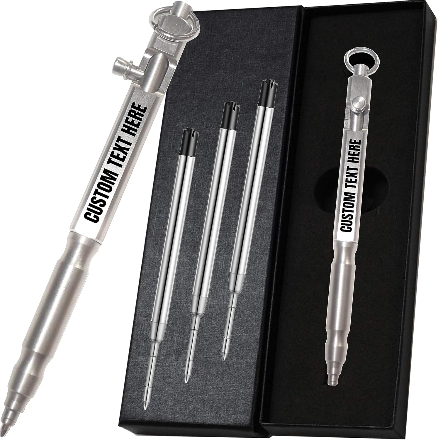 Personalized Bolt Action Pen Custom Text Brass Ballpoint Pen with Metal Clip Business Office EDC Tactical Defense Pocket Pen (Square Prism - Stainless Steel)