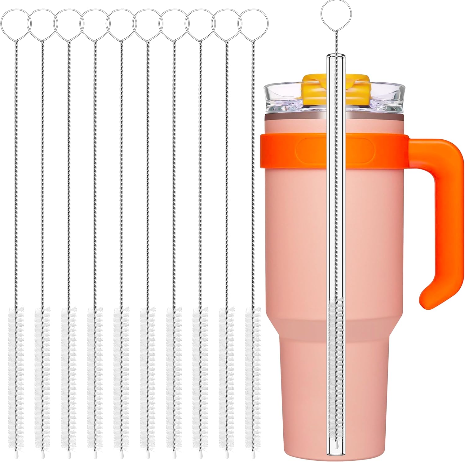 YUNGMAX Long Straw Cleaner Brush, 10 Pieces 30cm Stainless Steel & Nylon Pipe Cleaner for Cleaning Water Bottle, Reusable Straws & Cups