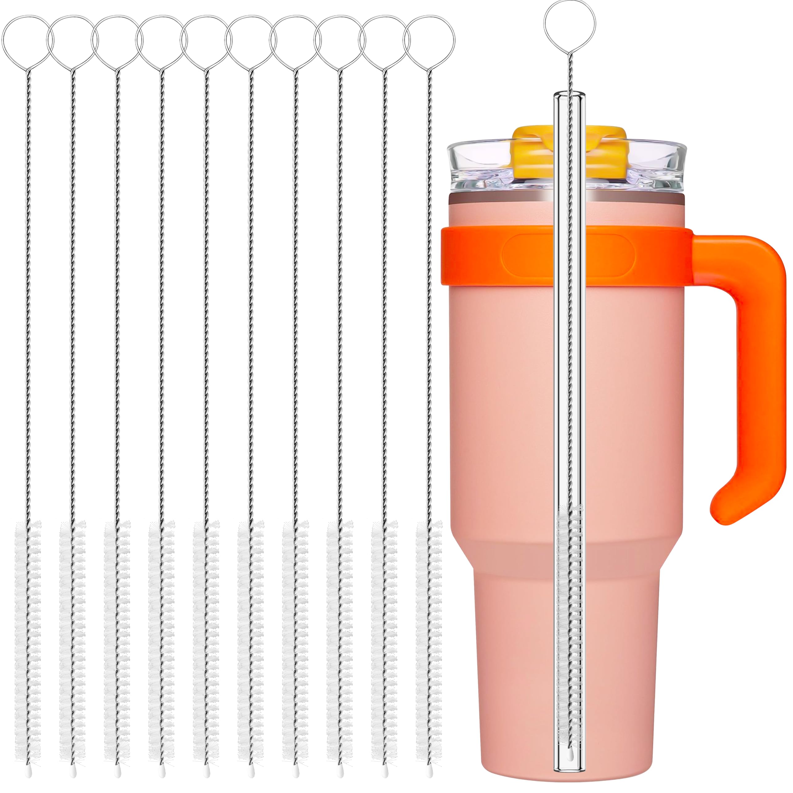 YUNGMAX Long Straw Cleaner Brush, 10 Pieces 30cm Stainless Steel & Nylon Pipe Cleaner for Cleaning Water Bottle Reusable Straws & Cups