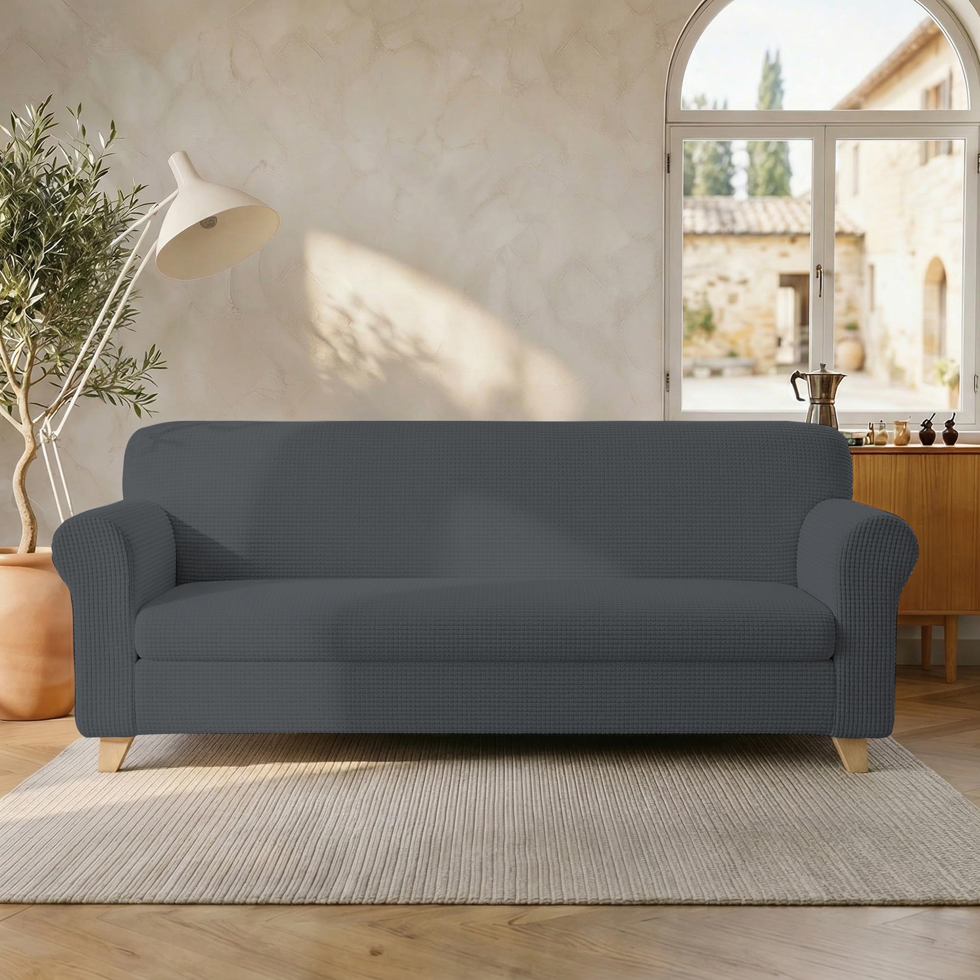 LESLIE Funda de sofá elástica y extensible, Gris oscuro, 3 plazas