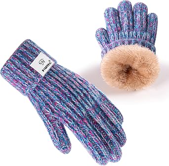 HAITHO Kids Gloves Winter for Girls Boys Cold Weather, Toddler Cute Knit Gloves with Warm Fleece Lined, Thick Thermal Double Liner Cozy Cuff OutdoorMix Rose Red