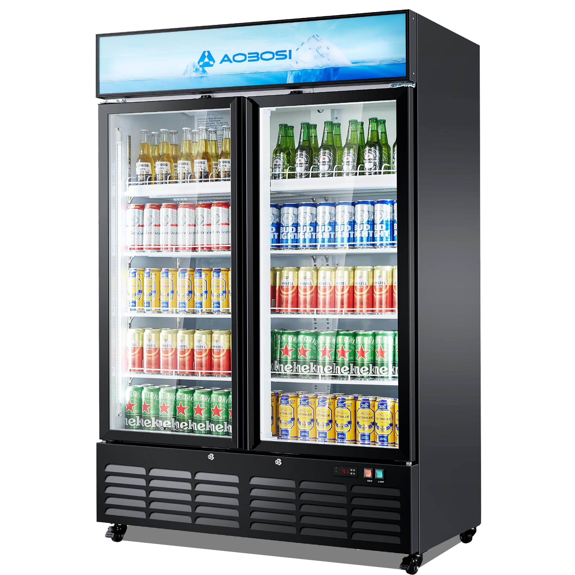 AAOBOSI Commercial Beverage Refrigerator, 36.8 Cu.Ft Double Glass Door Beverage Fridge, Upright Display Refrigerator with Soft LED Light,Adjustable Shelves, Perfect for Home Bar, Patio, Garage, Black