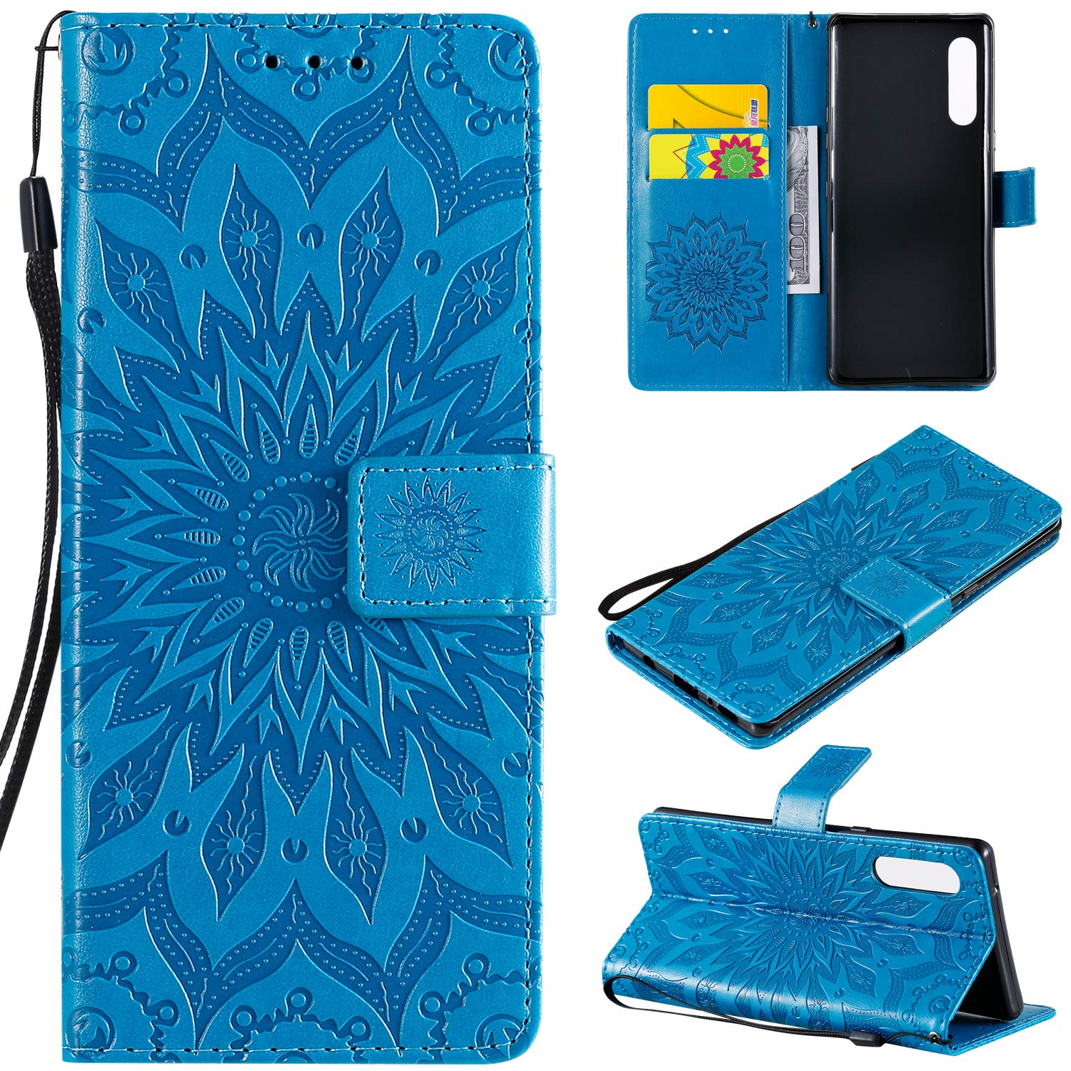 LG Velvet Case,LG G900UM Wallet Case,LG Velvet PU Leather Case Sun Flower Pattern Embossed Purse Kickstand Flip Cover Card Holders Hand Strap for LG Velvet 5G Blue