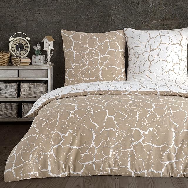 BUYMAX 3-częściowy komplet pościeli 200 x 200 bawełna, poszewka na kołdrę i poszewki na poduszkę 80 x 80 cm, Renforce, imitacja marmuru, granit, dwustronny, beżowo-biały