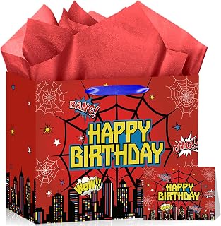 MOORIIY 히어로 생일 선물 가방, 인사말 카드와 레드 포장지, 거미 테마 생일 선물 가방 레드 히어로 선물 가방 남성용 어린이 베이비 샤워 파티 장식 용품