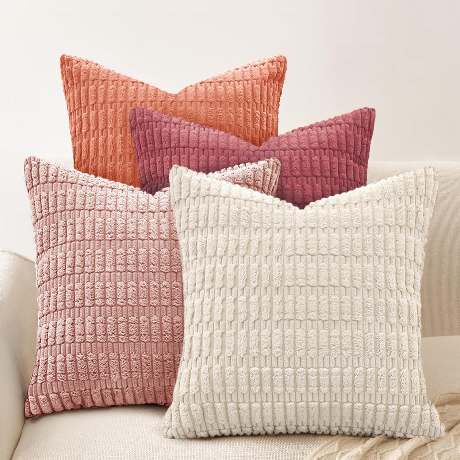 Cogavoo Wheat-Pink Set Of 4 Corduroy Soft Striped Cushion Covers 45X45 Cm ,Boho Decorative Square Throw Pillow Covers 18X18 Inch With Invisible Zipper For Sofa Couch Bedroom Decorative Fluffy Large Pillowcases