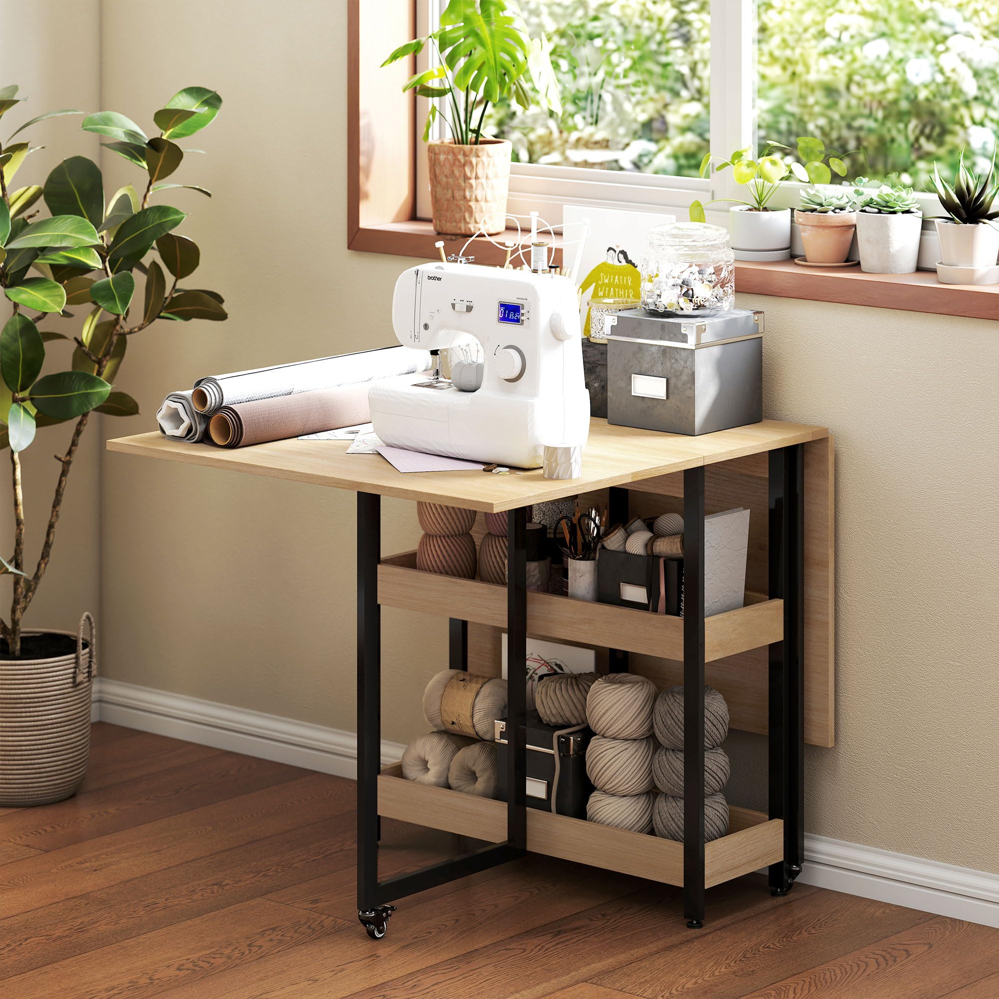 HOMCOM Table à Manger Pliante, Table Pliante Cuisine rectangulaire Extensible sur roulettes jusqu'à 4 Personnes avec Compartiments Ouverts, pour Petits espaces, Salle à Manger, chêne