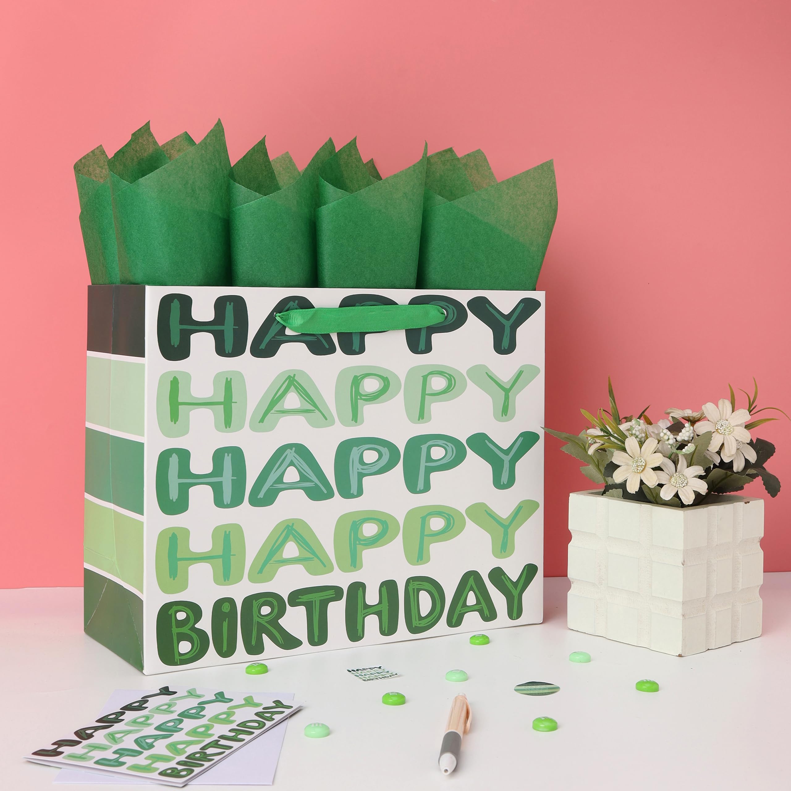Qirrmiy 13'' Large Green Happy Birthday Gift Bag Set with Handles, Greeting Card, Tissue Papers and Stickers for Women Girls Men Boys Kids Teens, Words Design, 1 Pcs