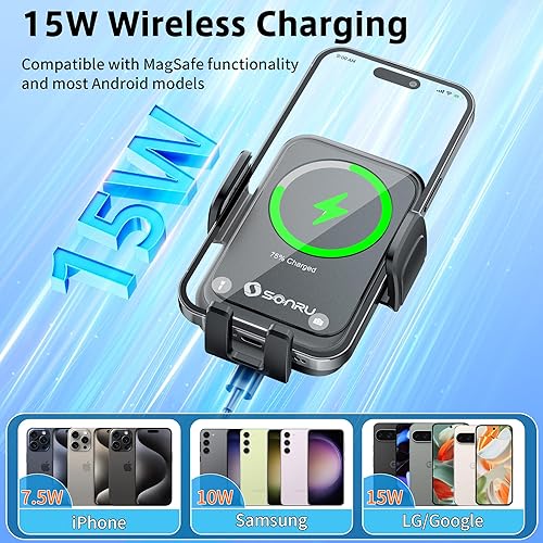 Miniatura 3 de SONRU Soporte de teléfono para automóvil, cargador inalámbrico Qi de 15 W, carga rápida, sujeción automática, soporte de succión para salpicadero,