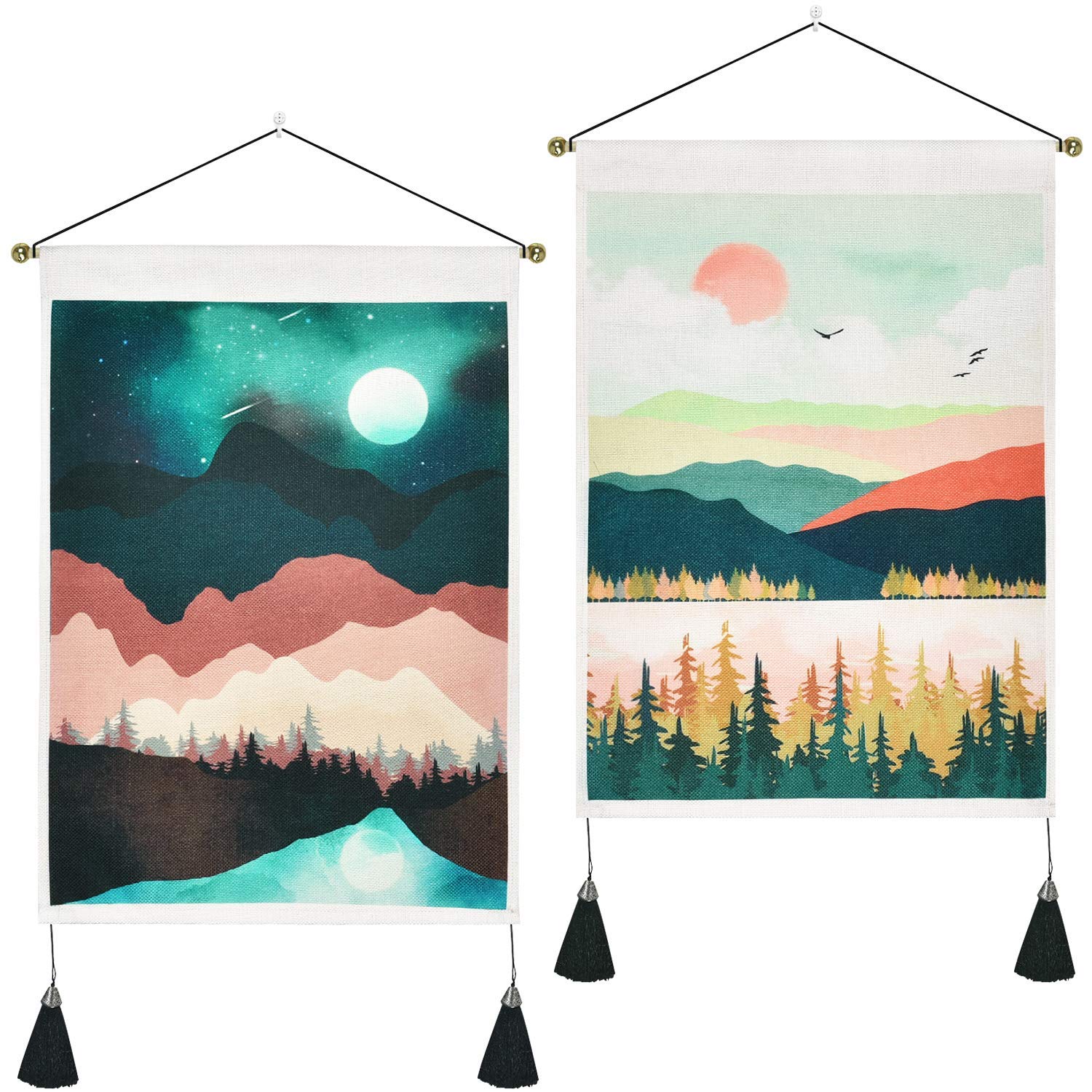 OBABO Pack of 2 Mountain Tapestry, Sunset Tapestry Forest Tree Tapestry Nature Landscape Tapestry Wall Hanging for Room (2 Pack)
