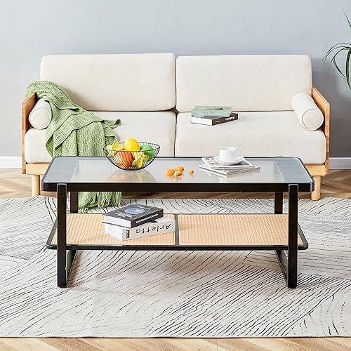 Miniatura 6 de Mesa de centro rectangular moderna de ratán de vidrio, mesa de té de doble capa, mesa auxiliar de madera maciza, mesa rectangular pequeña para sala
