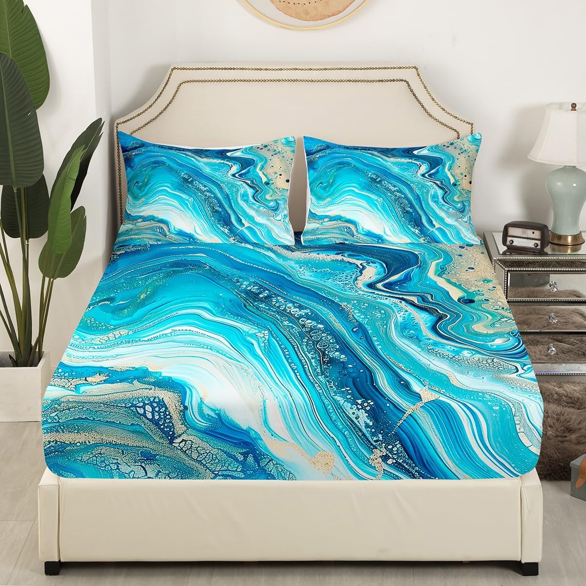 Erosebridal Marble Fitted Sheet Sky Blue Bedding Set Sheet Set Abstract Marble Quilt Set Queen Size 1 Fitted Sheet,1 Flat Sheet,2 Pillowcases
