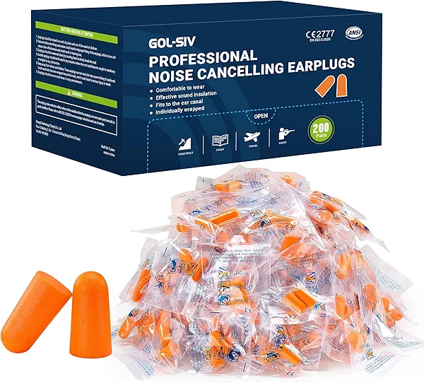 GOL-SIV 200 Pairs Foam Ear Plugs - 38dB(NRR 33dB) Noise Reduction Disposable Earplugs for Shooting, Sleeping, Work & Construction Site
