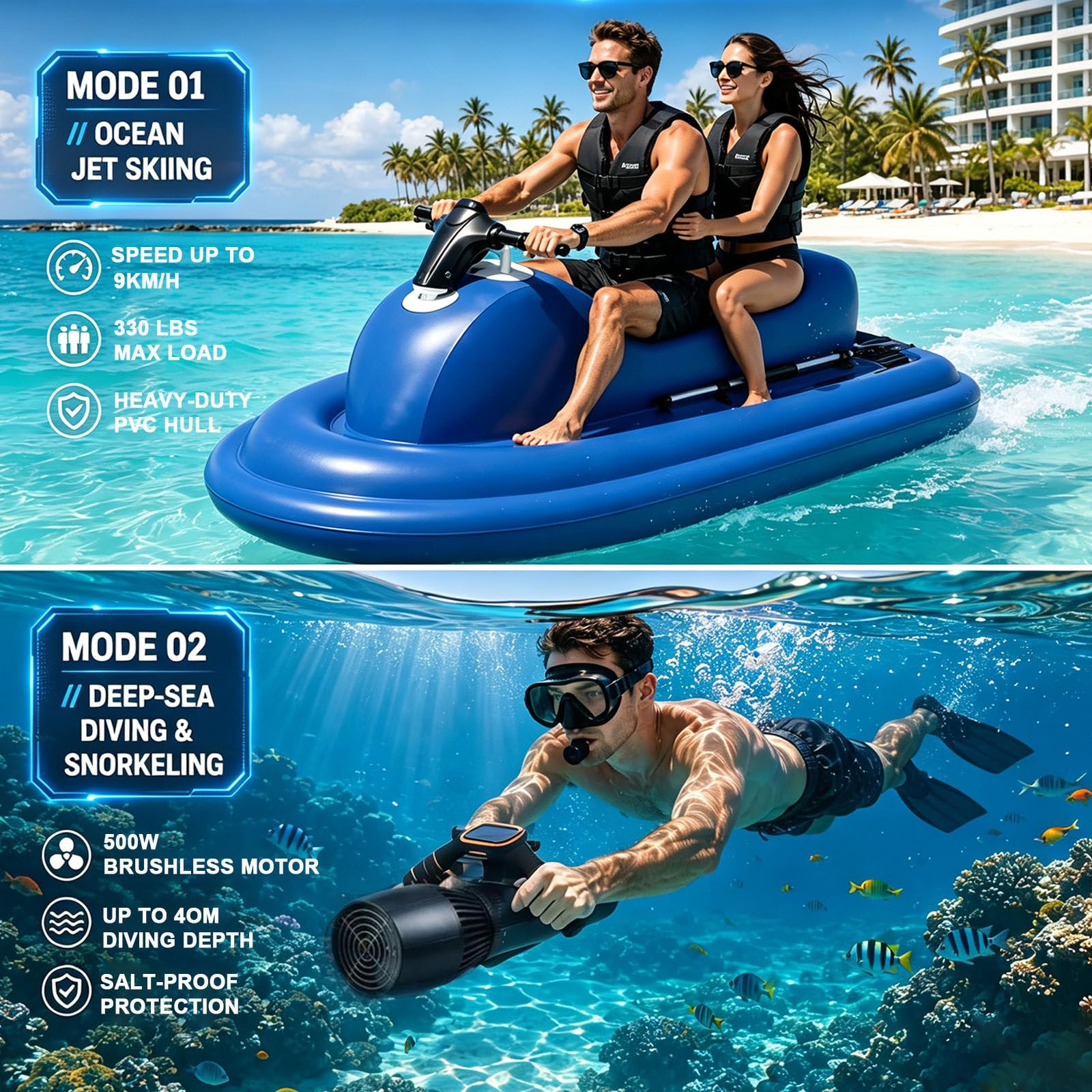 Bateau Gonflable Et Scooter sous-Marin 500W-10000mAh | Planche De Surf Électrique Pour Adulte, Charge Maximale 150 Kg, Équipement De Plongée En Mer Pour Sports Nautiques