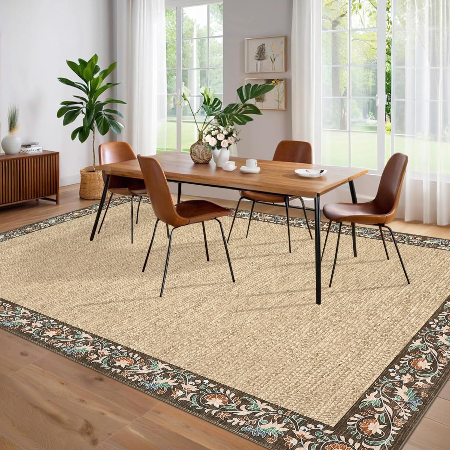Garvee Bordered 9x12 Area Rugs for Living Room, Washable Vintage Floral Print Bedroom Rug with Non Slip Backing, Soft Low Pile Stain Resistant Large Dining Room Rugs for Home Office, Brown