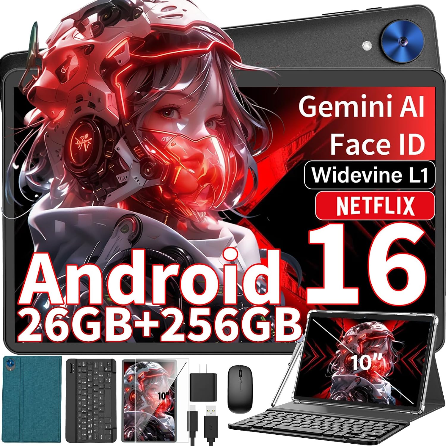 Android tablet, 2026 10 inch Android 16 tablet with keyboard, 26GB+256GB+2TB Expand, AI Tablet with Gemini, 8-Core, 8000mAh, 5G WiFi, GPS, GMS, Electronics Tablets with Case/Mouse/Stylus(Green Case)