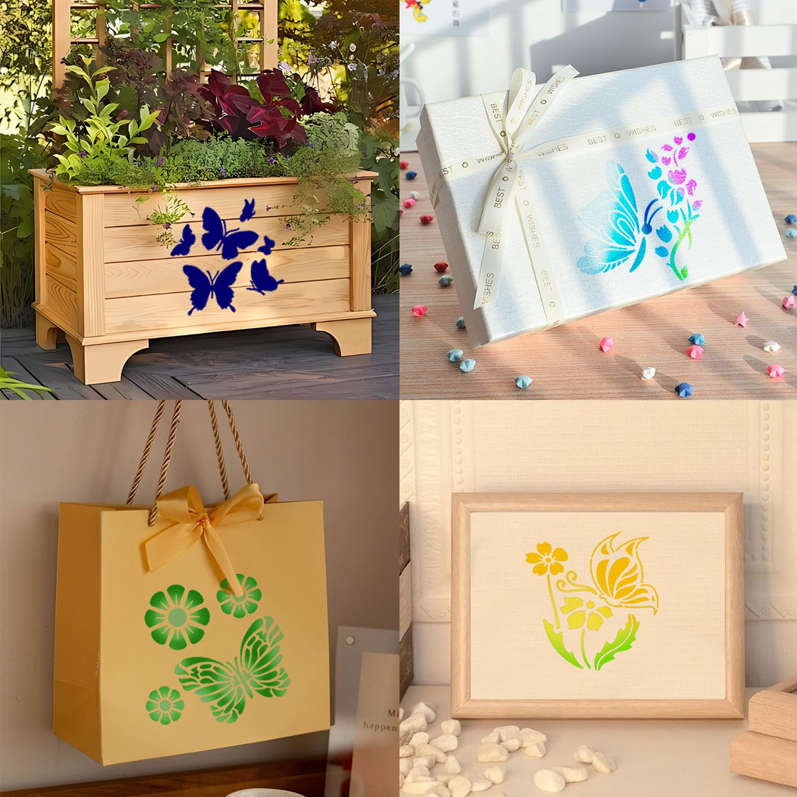 Set di 6 Stencil, Design Openwork, Farfalla, Elementi Floreali, Stencils per Pareti, Bianco, 29,8*15,9cm, Stencil per Pittura per Pittura, Scrapbooking, Diario Fai Da Te, Decorazione Murale