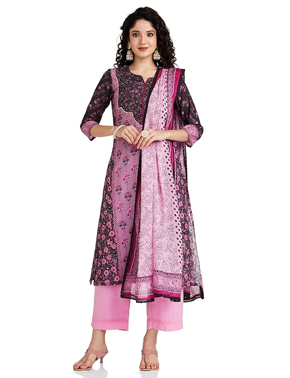 BIBA Women Cotton Straight Kurta Narrow Palazzo Suit Set BLACK