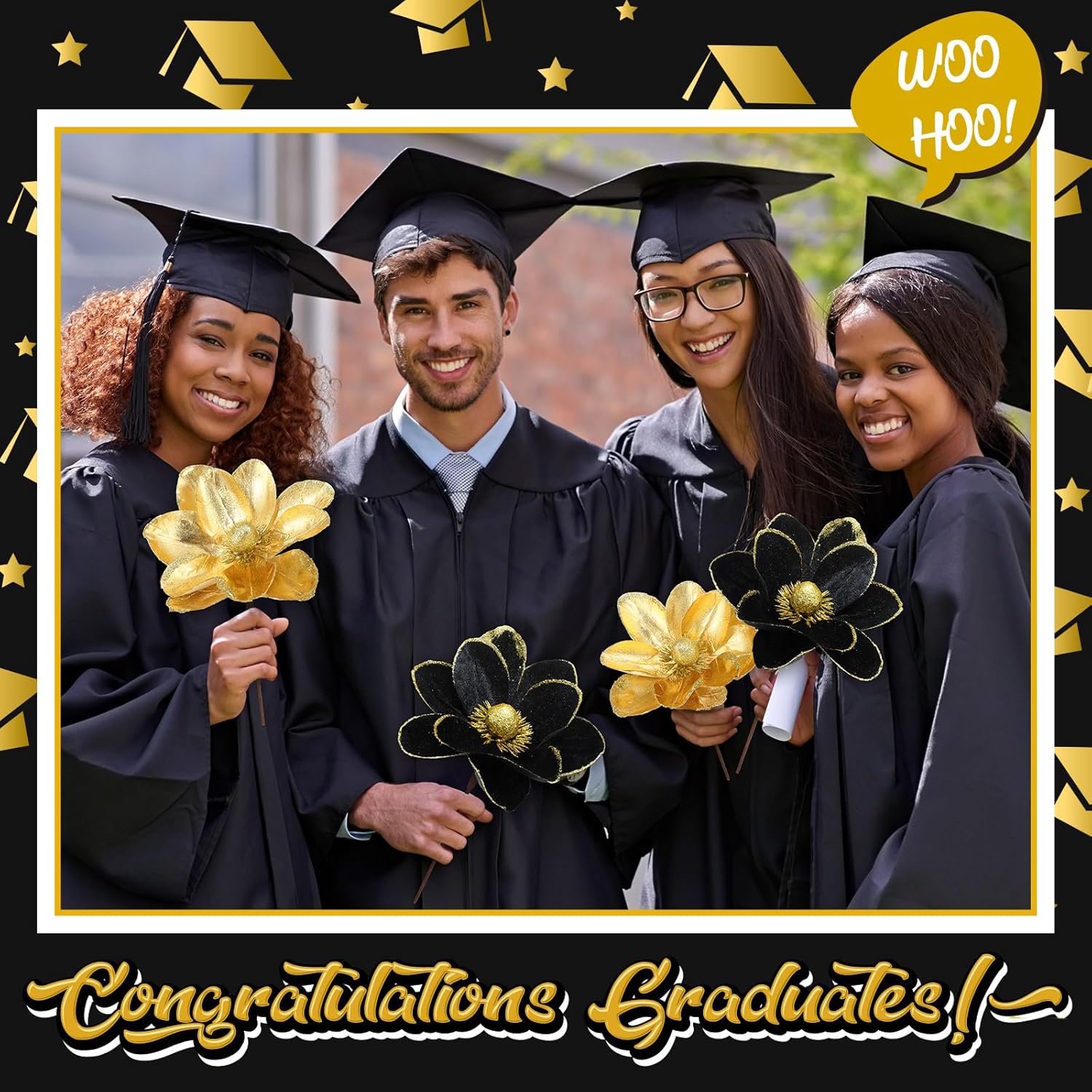 Giegxin 8 Pcs Glitter Black Gold Graduation Decorations Class of 2025 Flowers Black and Gold Centerpieces for Tables Artificial Magnolia Stems for College High School Grad Party Decor