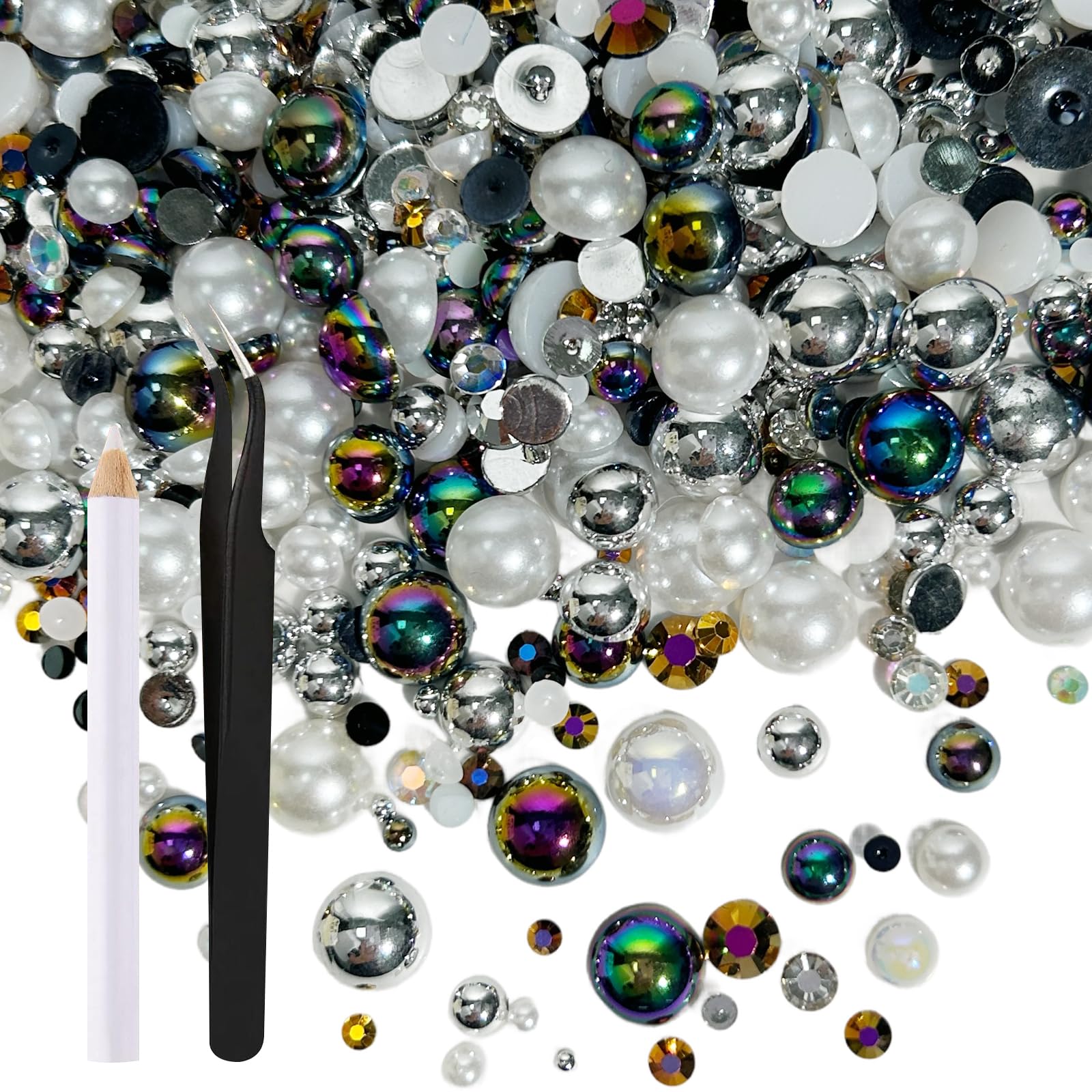 50g Mixed Flat Back Pearl Rhinestones for Crafts DIY Cups Nails Clothes Shoes 3mm-10mm Black White Rhinestones