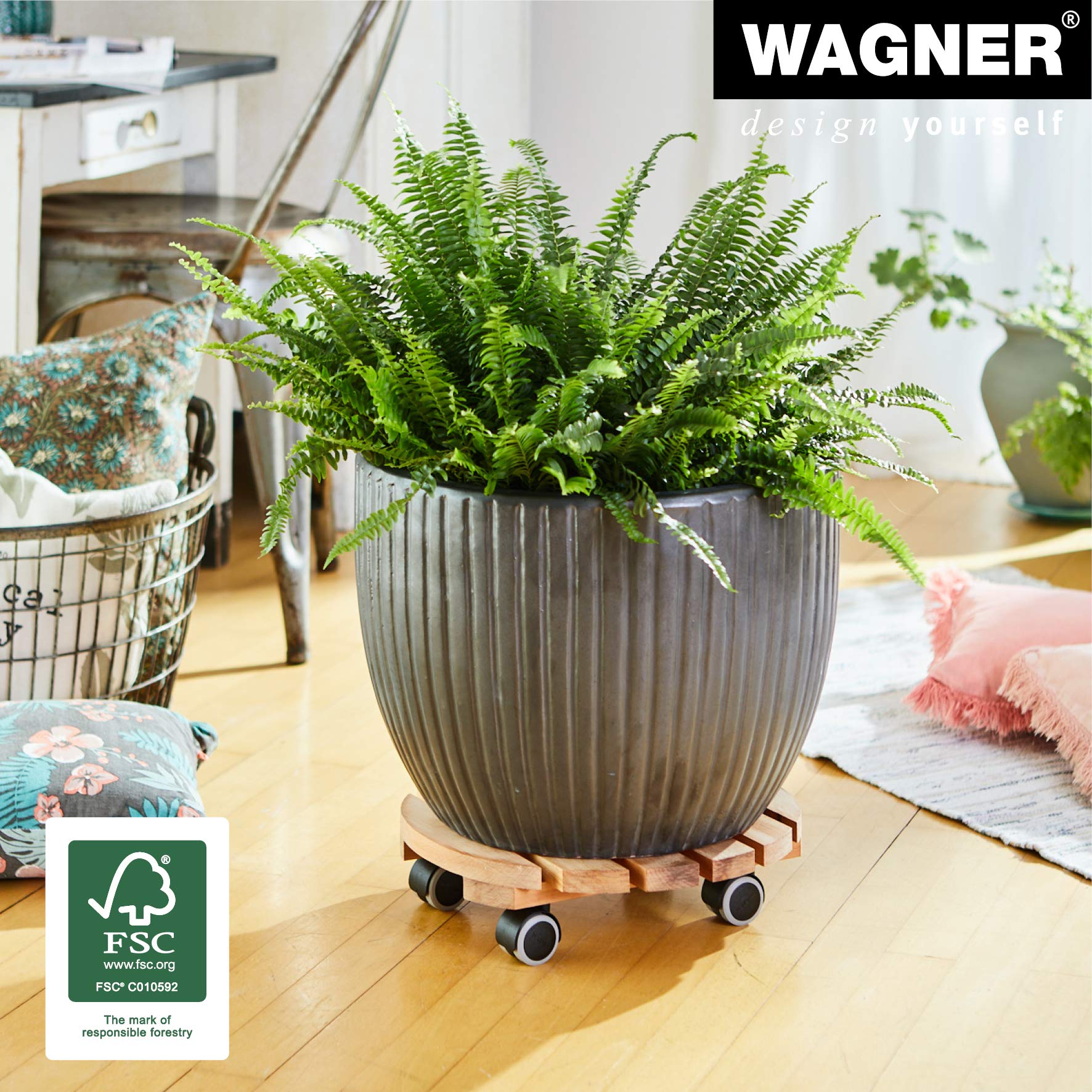 Wagner Soporte con Ruedas para Plantas Nature Ø 34 x 8 cm I para Interior I Carro para Flores en Madera de saúco FSC®, aceitado Natural I Capacidad de Carga 100 kg I 20026201