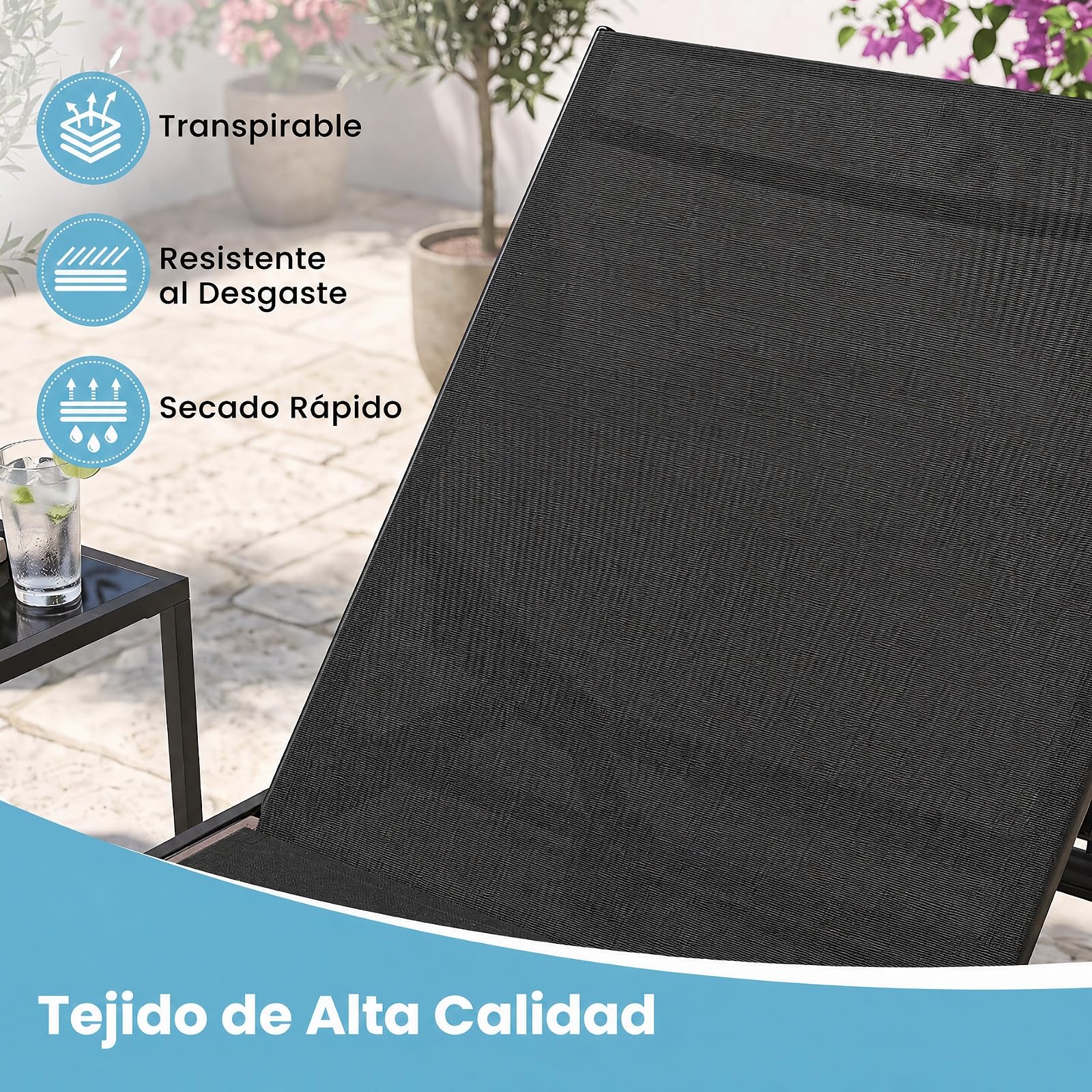 COSTWAY Tumbona Jardín Exterior con Ruedas y Mesa Auxiliar (Negro)