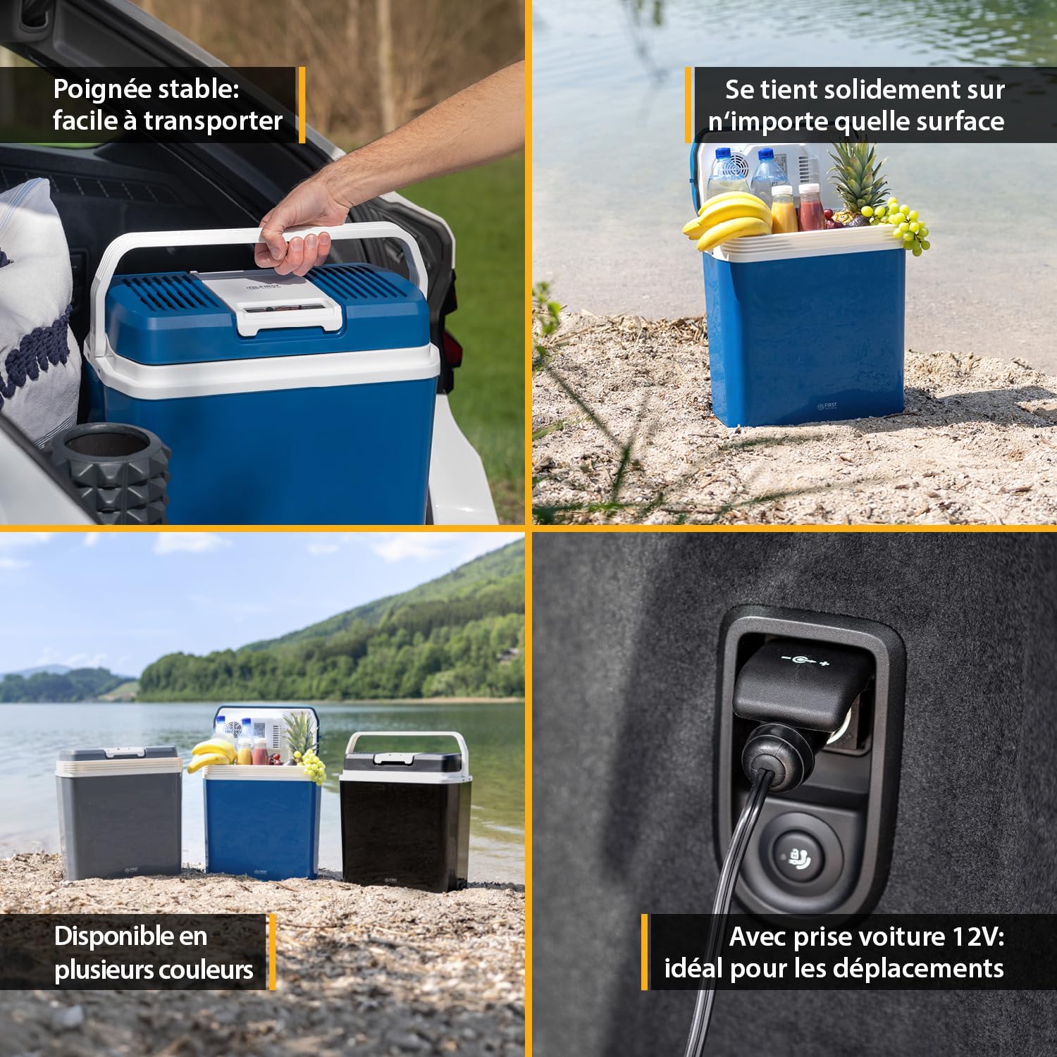 TZS First Austria - Réfrigérateur portable 24L électrique 12V 230V prise voiture & standard - Box thermoélectrique refroidit & chauffe - Glacière avec poignée - Pour camping, festival, voyages - Bleu