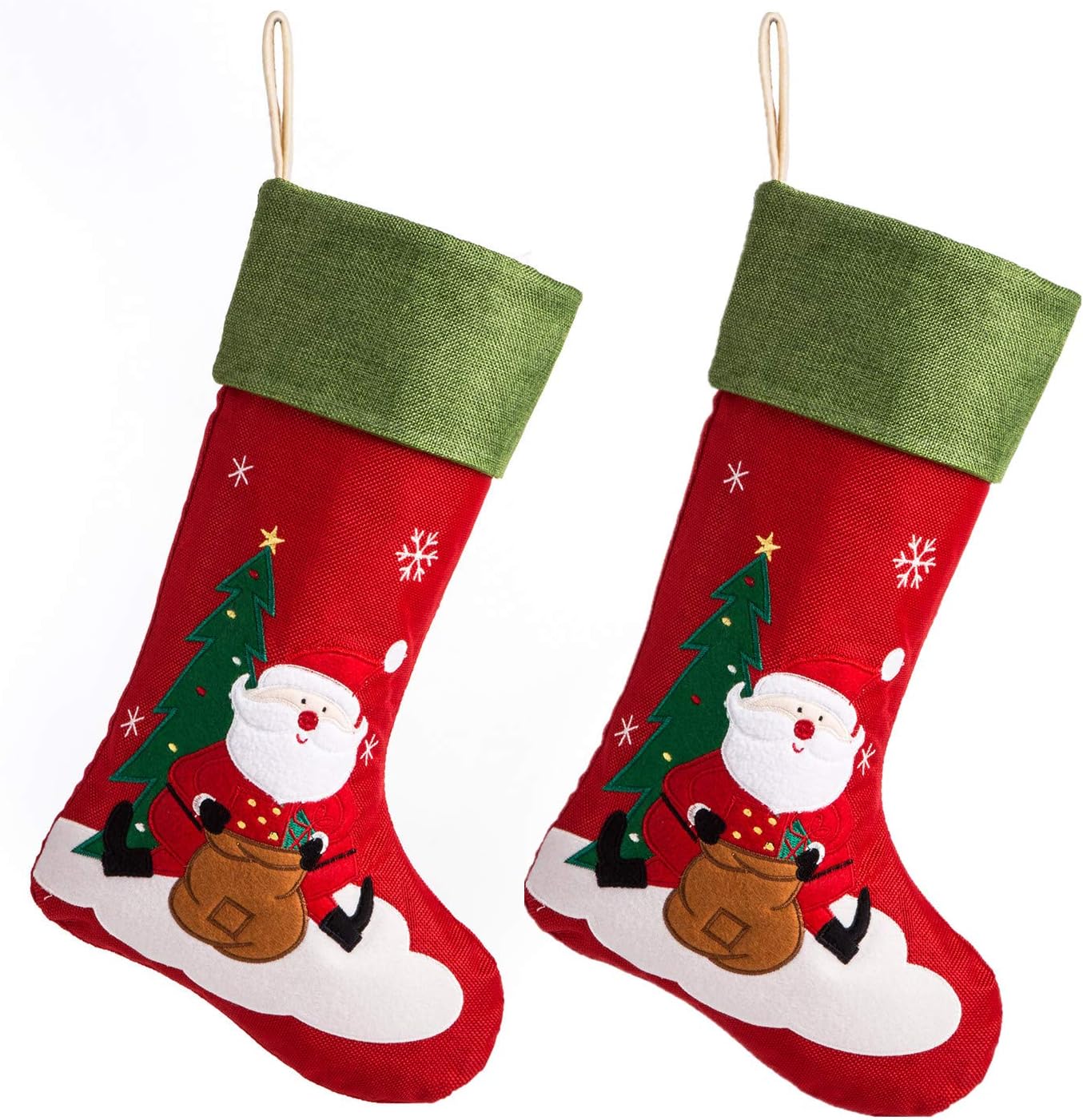 iPEGTOP 18" Burlap Christmas Stocking, Large Craft Socks Traditional Santa Stockings Snowflake Decorations Xmas Tree Rustic Ornaments Green Cuff, 2 Pack