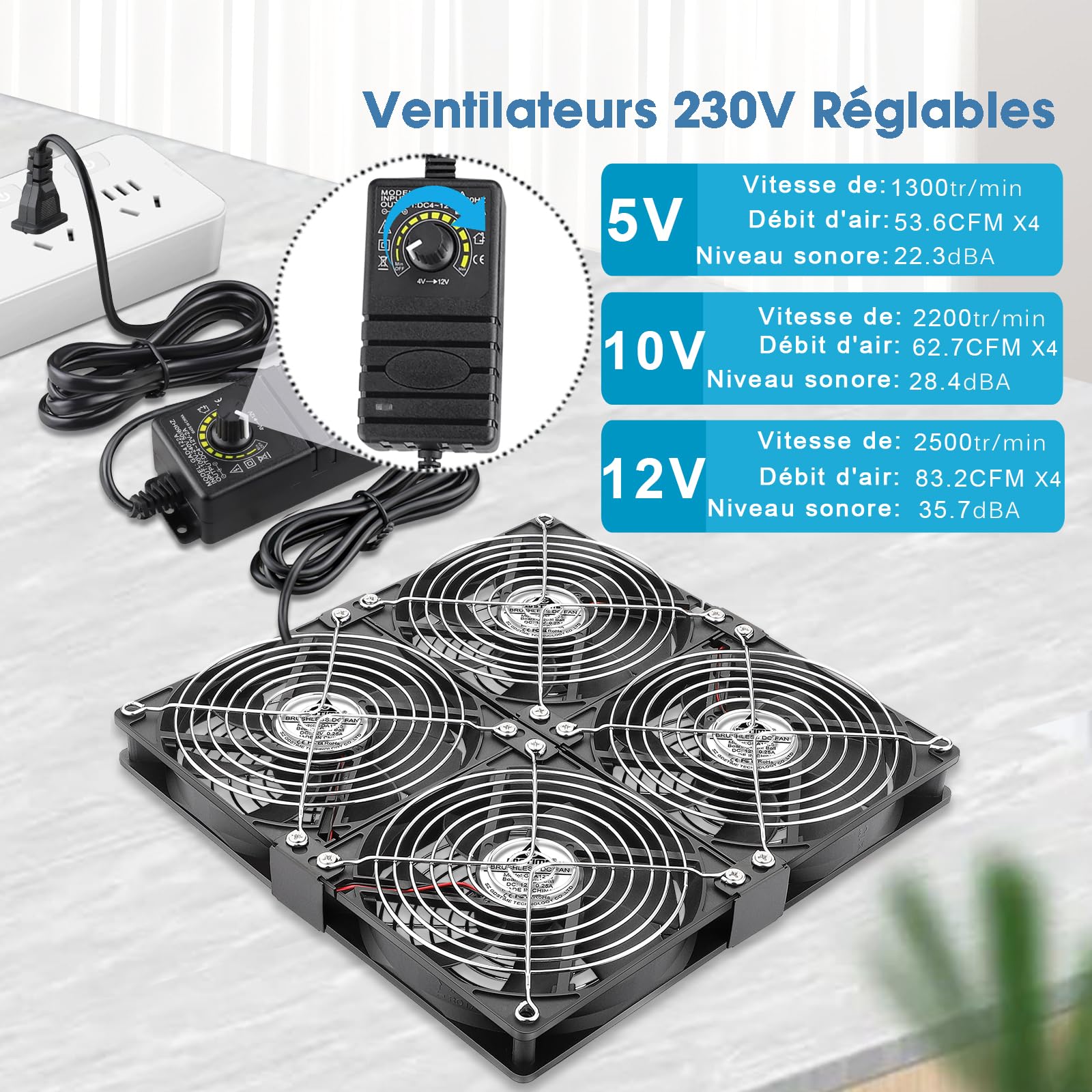 GDSTIME 4 x Lüfter, 120 mm, 220 V, Gehäuselüfter, 120 x 120, Kugellager, mit 4 V-12 V, einstellbar, Geschwindigkeitsregler mit hohem Luftdurchsatz für Serverkühlung, Konverter, Möbel