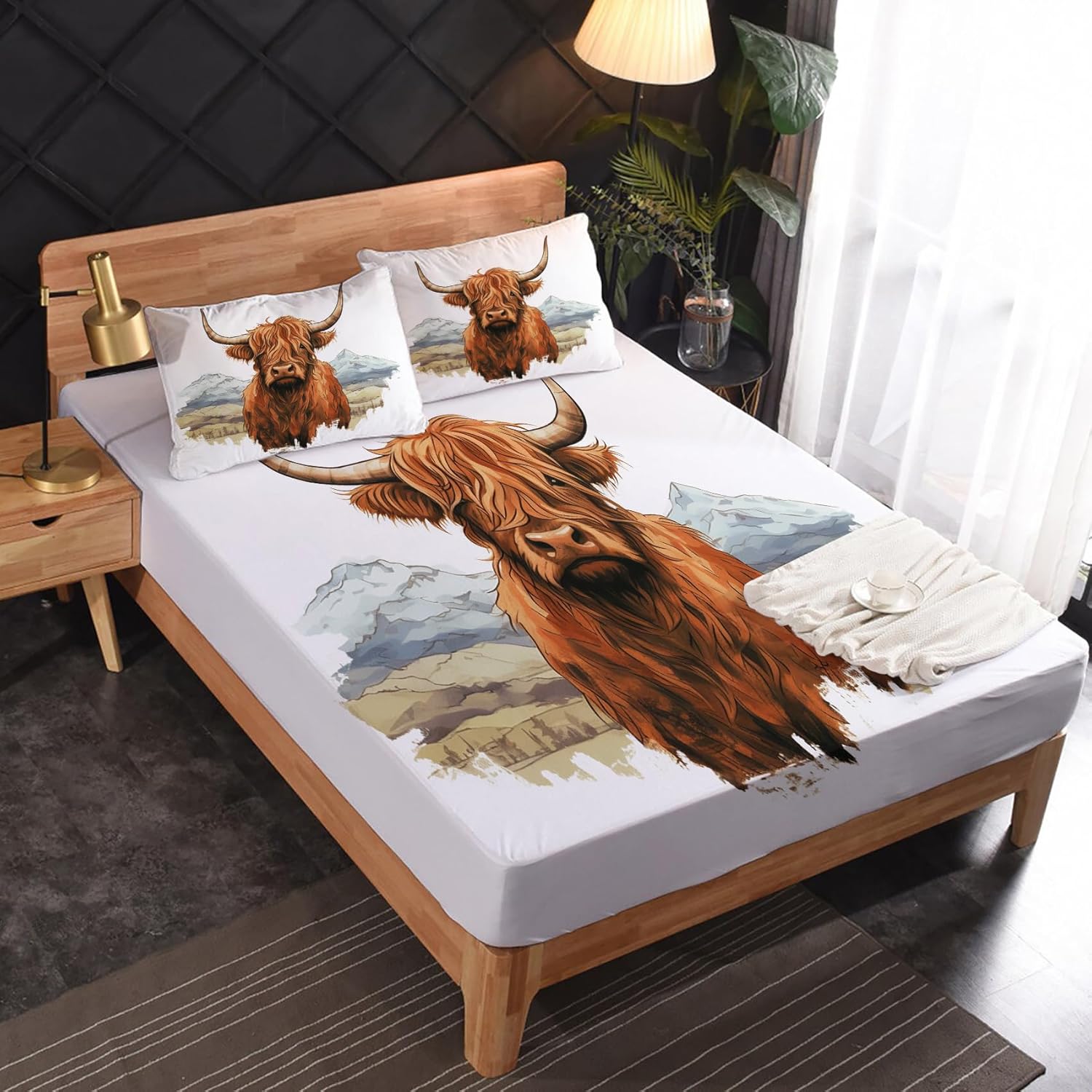 Highland Cow Sheets Twin XL Size, Plateau Cow Bed Sheets & Bedroom Decor, Farmhouse Animal Bedding Set 3 Piece - 16 Inch Deep Pocket Fitted Sheet,1 Flat Sheet, 1 Pillow Case, Microfiber