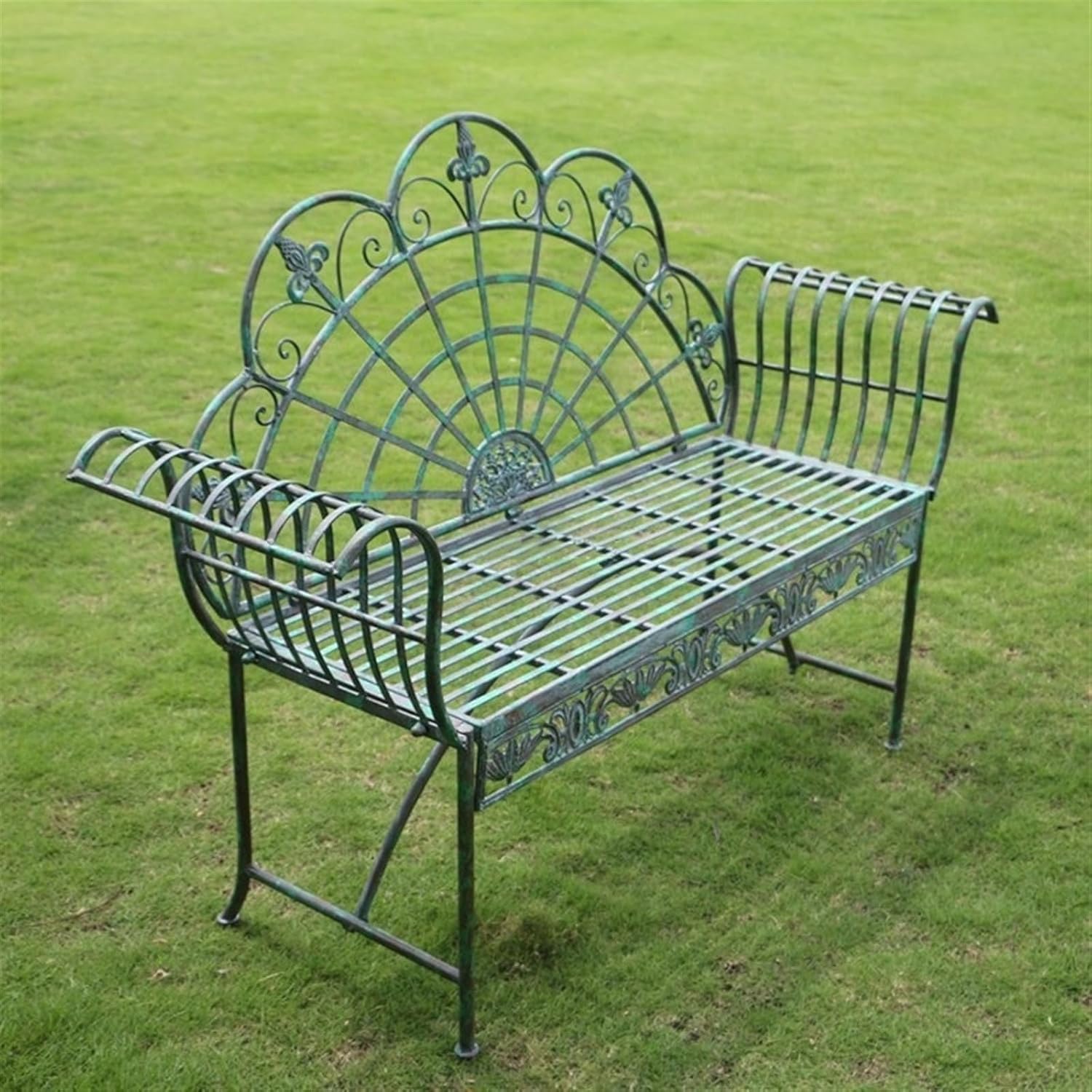 Garden Retro Rural Style Courtyard Bench, Green Cast Iron 57.4-inch Outdoor Garden Bench, 2-Person Foldable Leisure Chair Seat