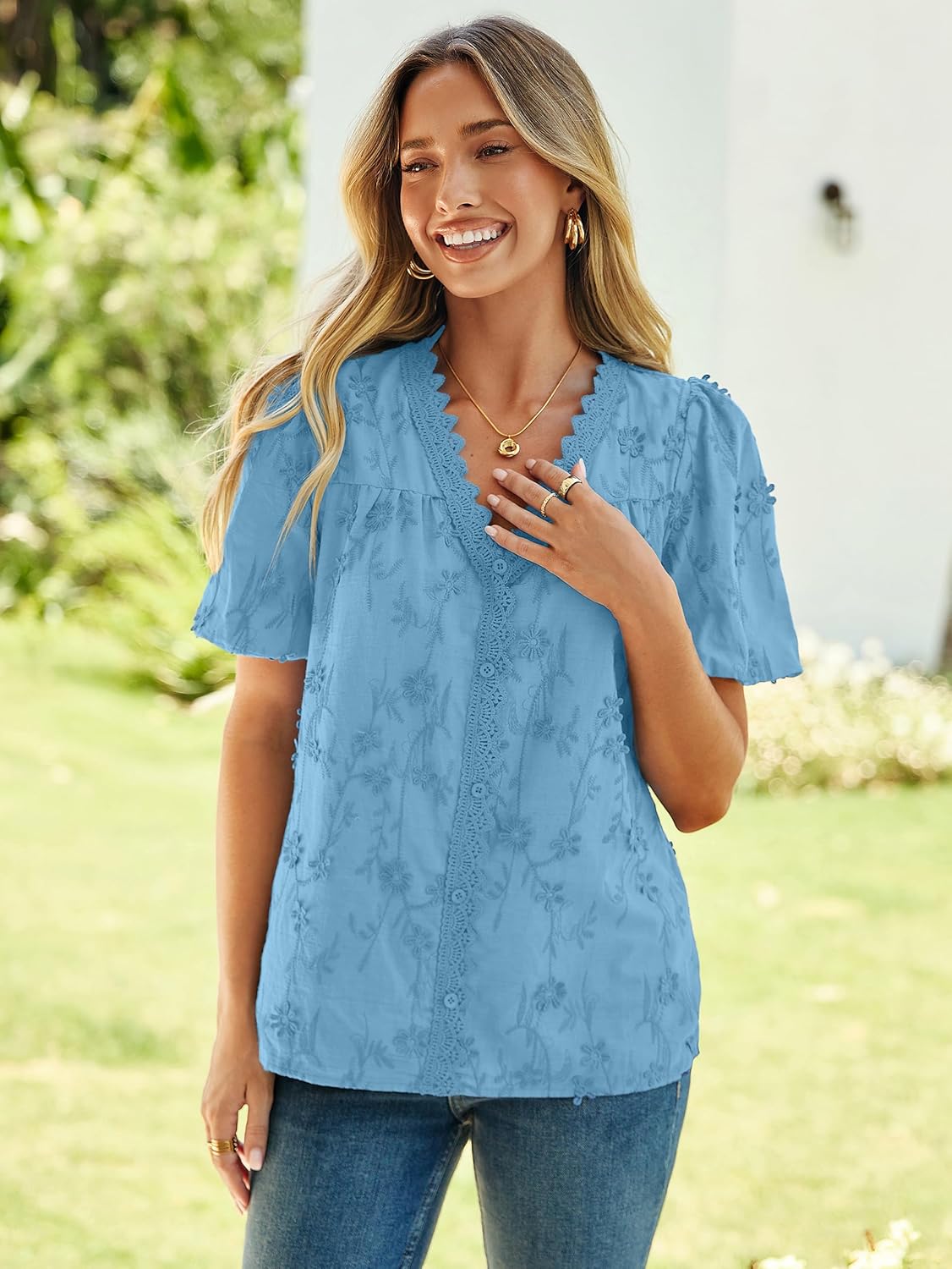 Simplee Womens Blouses Dressy Casual V Neck Short Sleeve Embroidered Eyelet Tops Shirts Western Peasant Spring Summer Outfits - Image 2