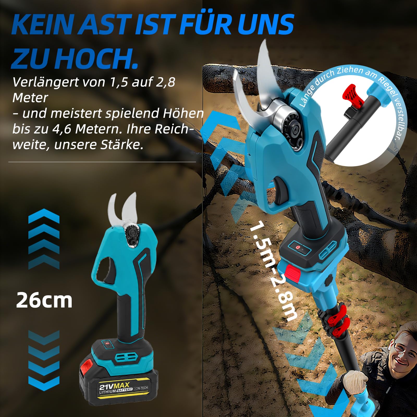 2-in-1 Akku Teleskop-Gartenschere 40 mm mit SK5 Klinge | 2,5 m Teleskopstange, 4,6m Länge,1000W Bürstenloser Motor, 2x 4000mAh Akku, LCD-Display,für Bäume, Sträucher & Hecken