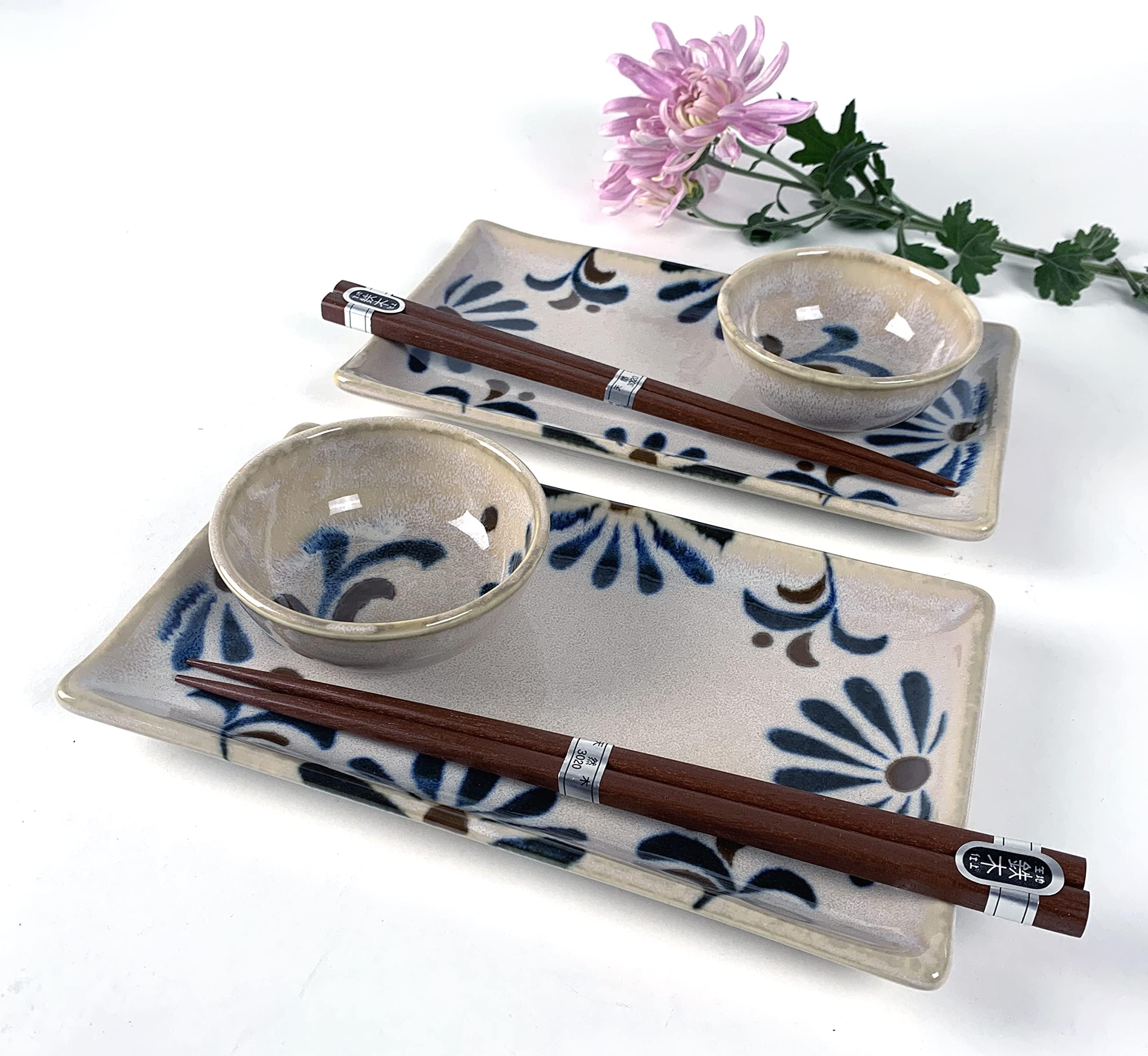 JapanBargain4698, Japanese Sushi Set Porcelain Sushi Plates Soy Sauce Dipping Bowls and Chopsticks Gift Set, Blue and White Color Kiku Pattern, Made in Japan