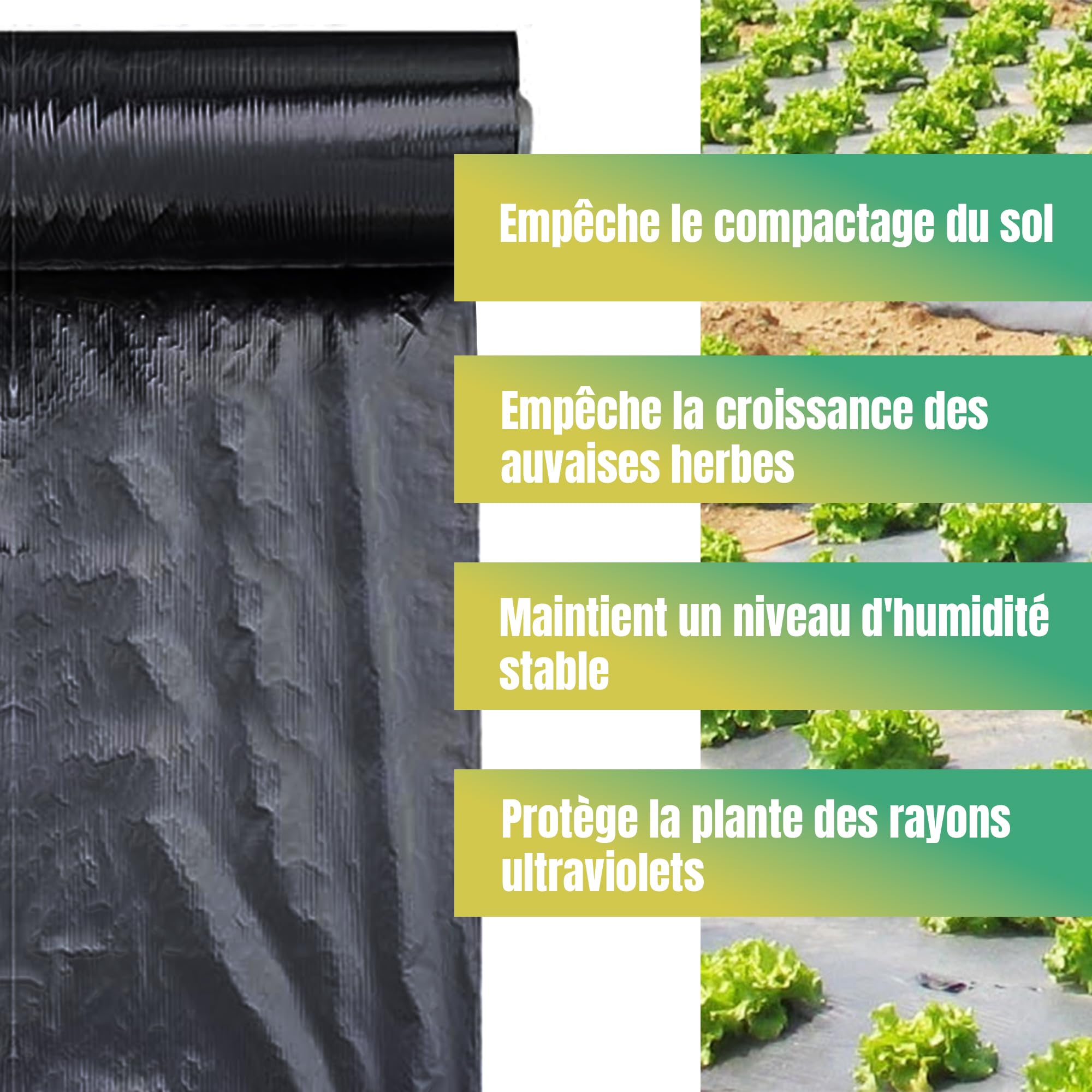 ESTO Toile de paillage sans trou, différentes mesures jusqu'à 1000 mètres, bâche noire en film de paillage élastique tissée anti-mauvaises herbes 100 cm/100 m