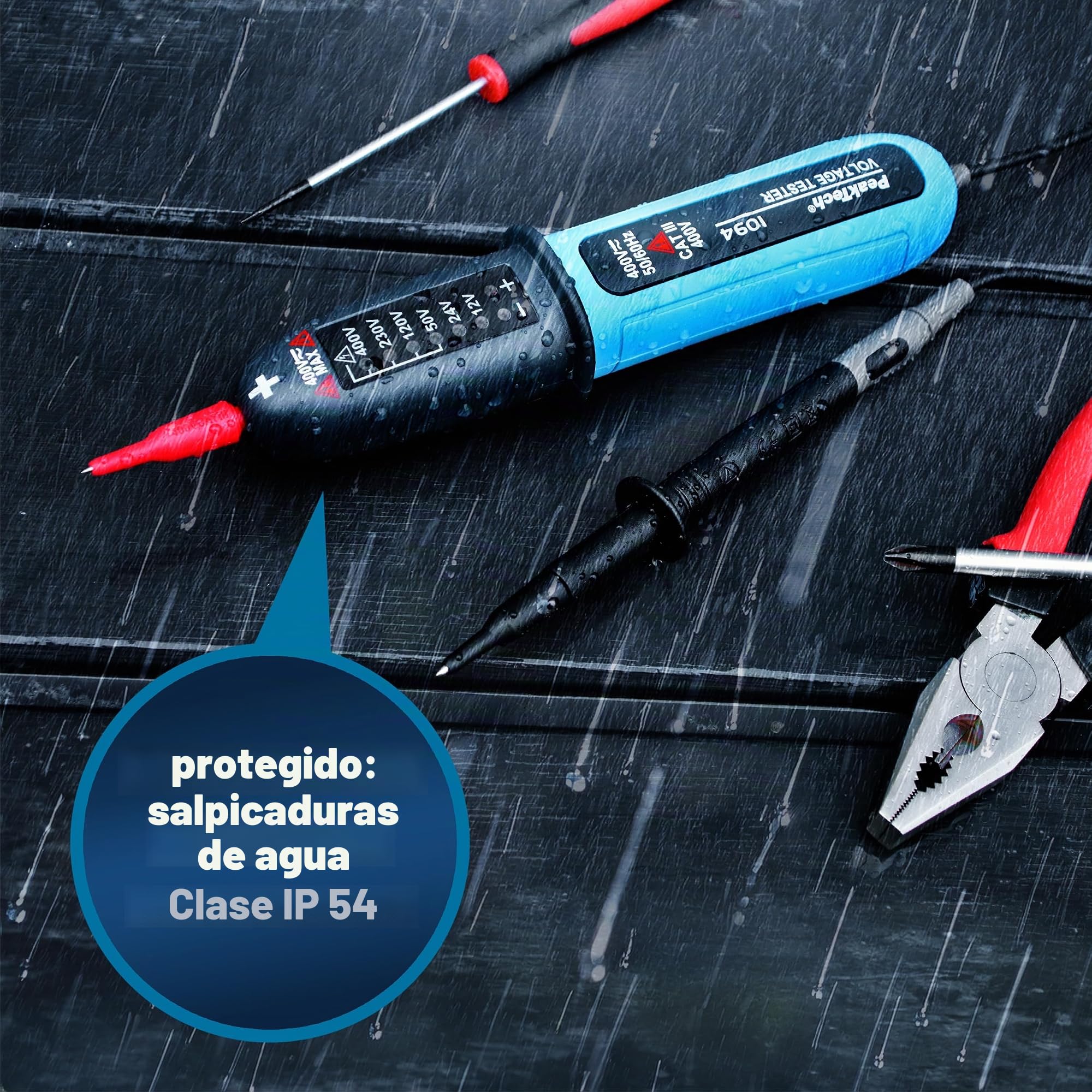 PeakTech, P1094, Comprobador de tensión digital bipolar CA/CC de 12 V a 400 V, Comprobador de corriente de calidad con pantalla LED y señal acústica de advertencia, Voltímetro con clase de protección